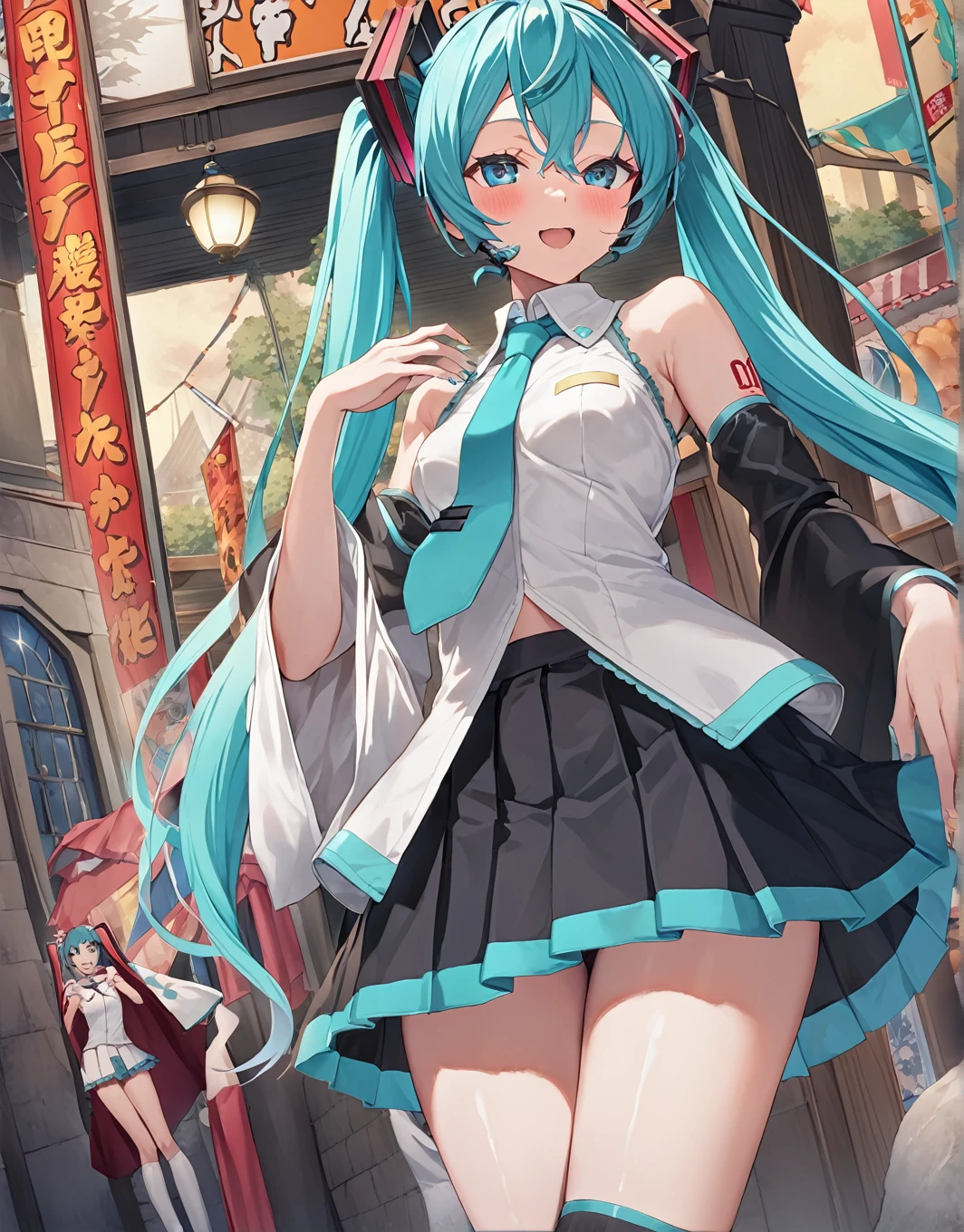 masterpiece,  Best Quality ,  1 girl ,  Hatsune Miku, Aqua Hair, Light blue eyes, Long Hair,   twin tails,   Gradation Hair  ,  Saints of War ,  Black Skirt ,  blue tie ,   detachable sleeve  , small breasts,Grey Shirt,  Long Sleeve  ,    miniskirt in length ,  pleated skirt, Thigh length,  happy , outdoor ,shiny clothes ,  Rules for staring at viewers odebtul debtace Hatsune Miku, Fluorescent milky white，Blue-pink pupils，Blue and White Clothes，Super nice looking, Very sweet and lovely face，Light of faith，Blue tie　 Halloween 　Costume parties　Werewolf　 Frankenstein　Dracula　ミイラ男とケーキを食べる Hatsune Miku　 vampire　 Halloween カボチャ (8k)  Ultra High Level Quality ８ｋ　 Avant-Garde Art Realistic Direction 　 Studio Ghibli's New Anime 　 Hatsune Miku　Ukiyo-e POP art　Alphonse Mucha　Beautiful profile　Impressionism　print　pretty 　Critique of Machine Civilization 　 Hatsune Miku　sun　Picasso　 King Crimson's Palace 　Madness and Lamentation　 Shaman's Prayer Close Your Eyes and Shout　 Avant-garde Art Realistic Direction 　Showa era Japan