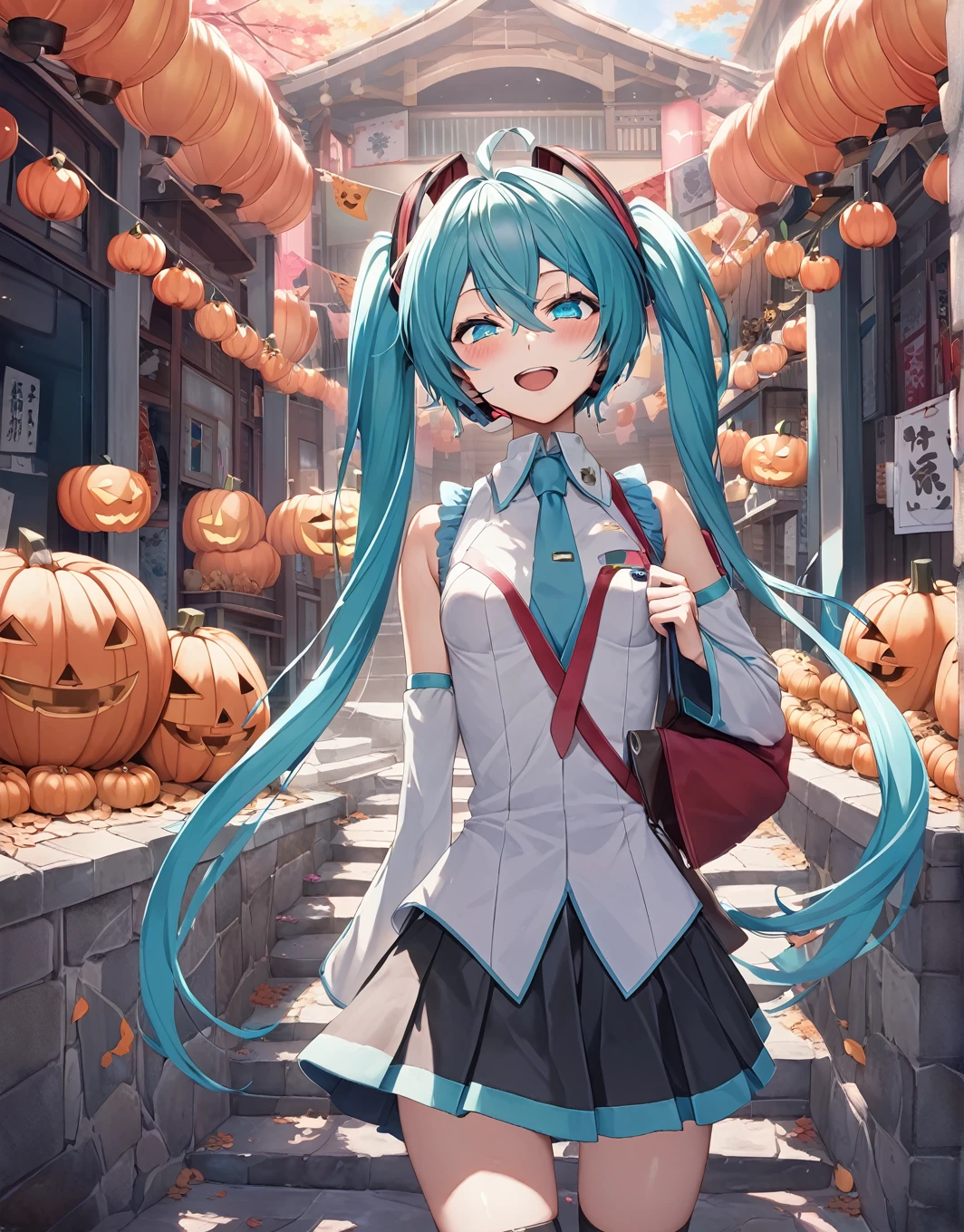 masterpiece,  Best Quality ,  1 girl ,  Hatsune Miku, Aqua Hair, Light blue eyes, Long Hair,   twin tails,   Gradation Hair  ,  Saints of War ,  Black Skirt ,  blue tie ,   detachable sleeve  , small breasts,Grey Shirt,  Long Sleeve  ,    miniskirt in length ,  pleated skirt, Thigh length,  happy , outdoor ,shiny clothes ,  Rules for staring at viewers odebtul debtace Hatsune Miku, Fluorescent milky white，Blue-pink pupils，Blue and White Clothes，Super nice looking, Very sweet and lovely face，Light of faith，Blue tie　 Halloween 　Costume parties　Werewolf　 Frankenstein　Dracula　ミイラ男とケーキを食べる Hatsune Miku　 vampire　 Halloween カボチャ (8k)  Ultra High Level Quality ８ｋ　 Avant-Garde Art Realistic Direction 　 Studio Ghibli's New Anime 　 Hatsune Miku　Ukiyo-e POP art　Alphonse Mucha　Beautiful profile　Impressionism　print　pretty 　Critique of Machine Civilization 　 Hatsune Miku　sun　Picasso　 King Crimson's Palace 　Madness and Lamentation　 Shaman's Prayer Close Your Eyes and Shout　 Avant-garde Art Realistic Direction 　Showa era Japan