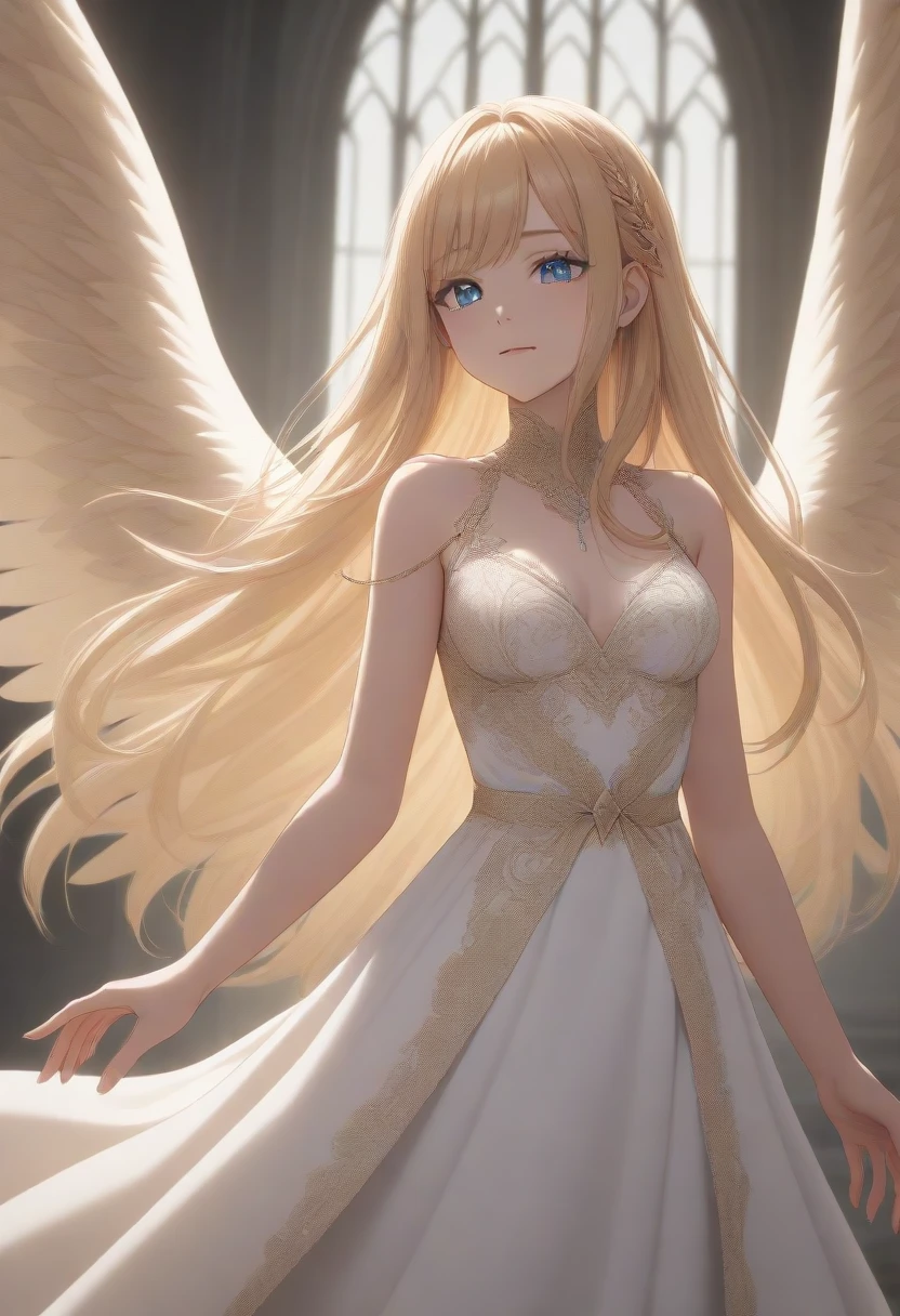 masterpiece,best quality,high resolution,ultra sharp focus,Cinematic Lighting, ethereal light,8k,young woman,radiant, holy, divine light, celestial, ethereal, soft golden and white tones, angelic aura, sunlit clouds in the background, soft glow around her, long flowing golden hair, glowing softly like sunlight, gentle blue eyes, warm fair skin, with a subtle golden glow, elegant flowing gown, adorned with delicate silver and gold embroidery, large feathered wings, illuminated by sunlight, soft light rays breaking through clouds
