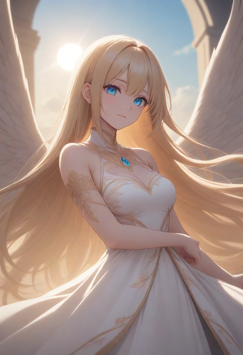 masterpiece,best quality,high resolution,ultra sharp focus,Cinematic Lighting, ethereal light,8k,young woman,radiant, holy, divine light, celestial, ethereal, soft golden and white tones, angelic aura, sunlit clouds in the background, soft glow around her, long flowing golden hair, glowing softly like sunlight, gentle blue eyes, warm fair skin, with a subtle golden glow, elegant flowing gown, adorned with delicate silver and gold embroidery, large feathered wings, illuminated by sunlight, soft light rays breaking through clouds
