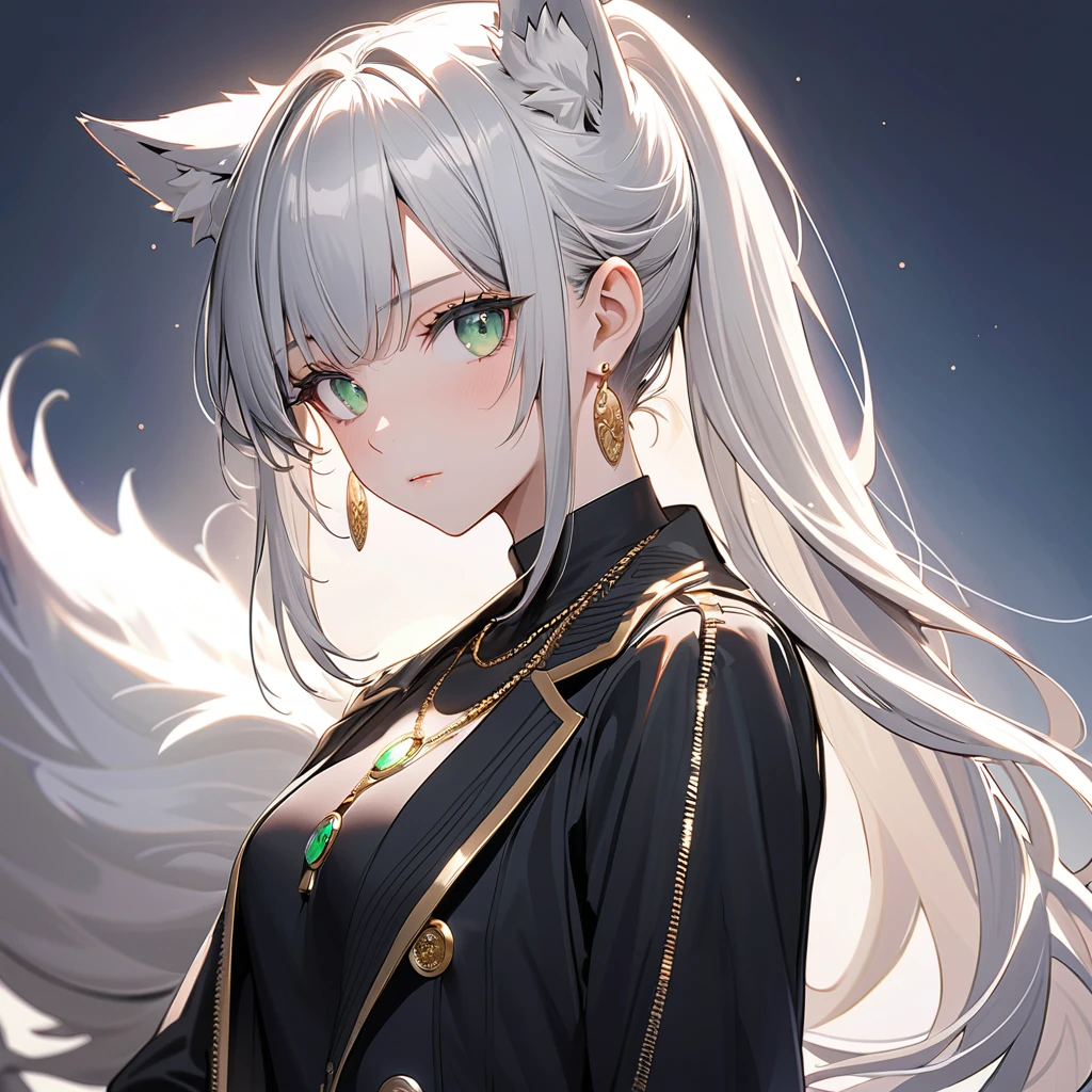 1girl,(cowboy shot),Expressionless,20's Female,clear makeup, (Sharp green eyes looking directly into the soul),(silver hair,very long hair,bangs between eyebrows,ponytail) wolf ears and tail, earrings, necklace, shiny black jacket with big gold buttons, black tights, black boots, medium chest, clear white skin, masterpiece, top quality, high resolution, high detail, best lighting, very delicate and beautiful, cinematic light, lens flare, bloom light,Simple White Background,(from side)