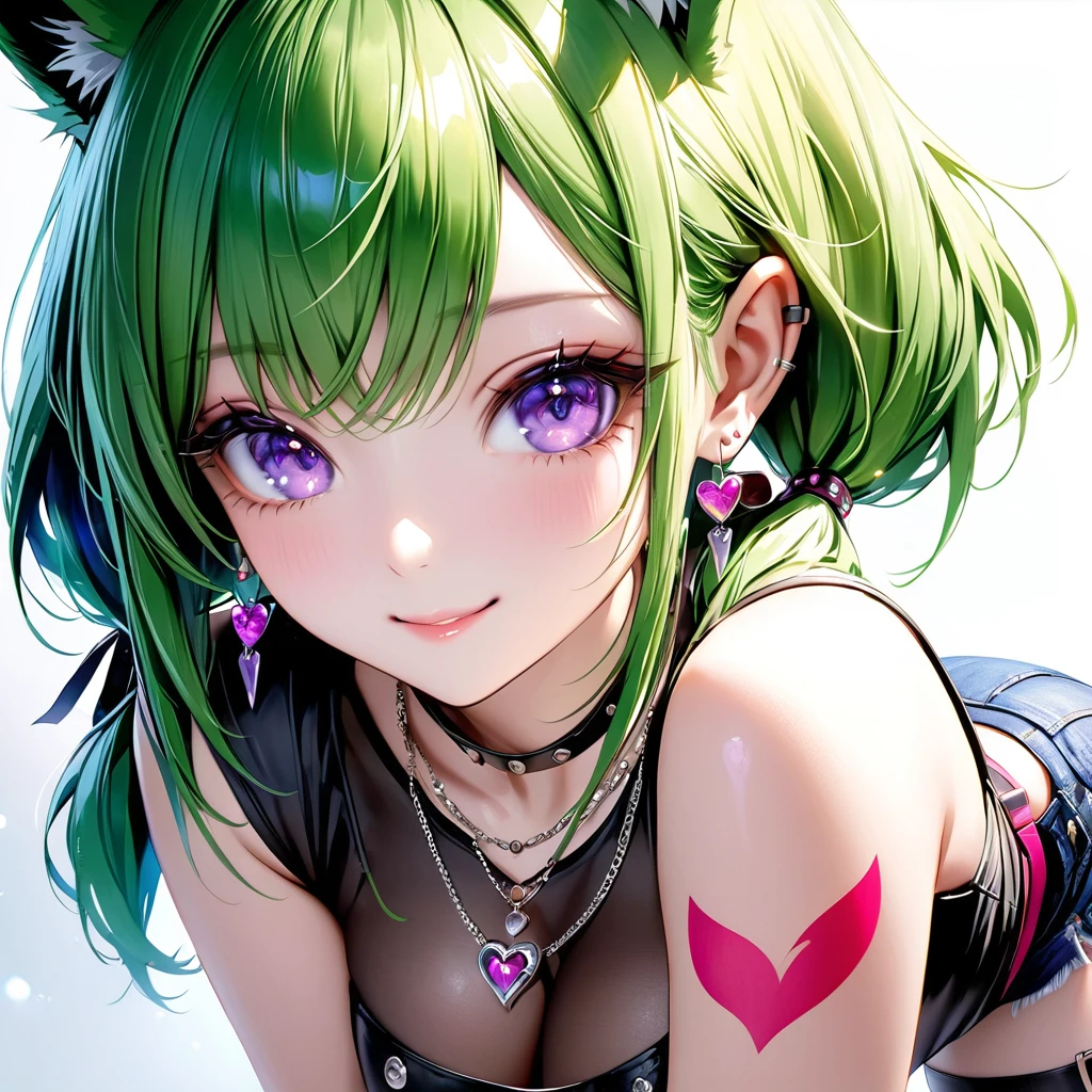 1girl,seductive smile,cowboy shot,20-year-old women,(Gentle purple eyes that radiate warmth and kindness),(Green Hair),( Low Twintails),Fox ears and tail,forehead,Asymmetrical bangs,Earrings,necklace,Punk rock clothes,mini skirt,Knee-length,Big Breasts,Ultra-realism,Detailed and realistic skin texture,clear white skin,masterpiece,top quality,high resolution, high detail,best lighting,very delicate and beautiful,lens flare,Simple White Background