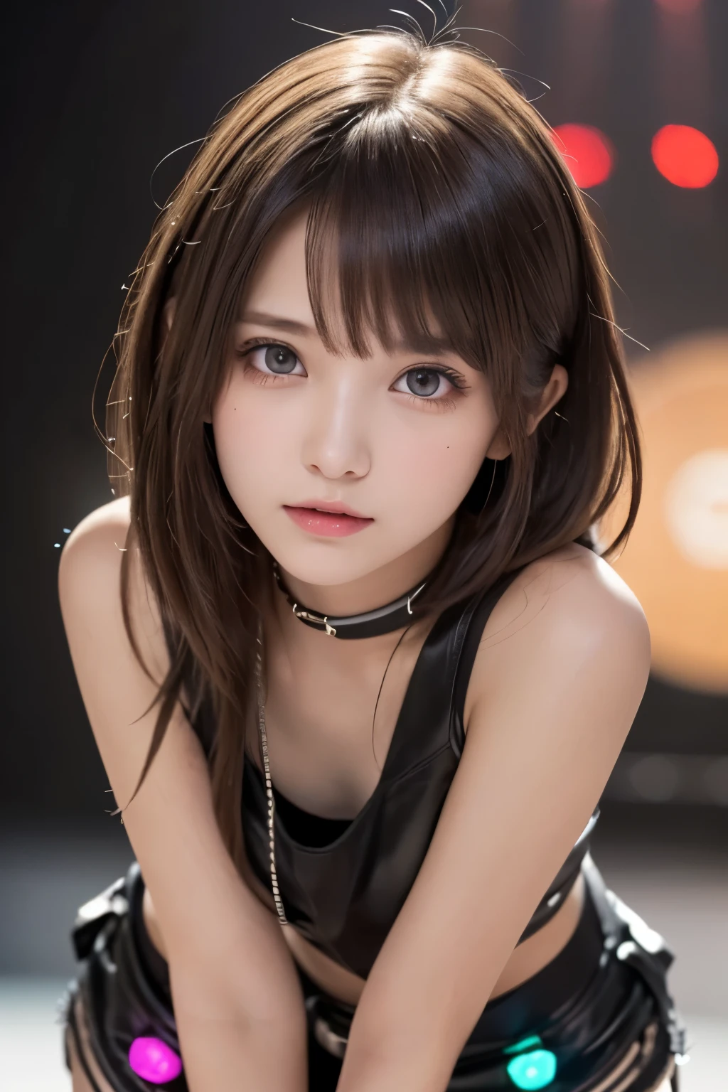 1girl, (a beauty girl, delicate girl, beautiful girl, innocent girl:1.3), (14yo:1.3),
break, (rocker, punk rocker costume, shorts:1.25),
break, (on stage, twinkling lights background:1.3),
break, very fine eyes, (symmetrical eyes:1.3),
break, (flat breasts:0.5), (round face, baby face), (brown eyes), parted bangs, (brown hair),
break, (eyes and faces with detailed:1.0),
break, (masterpiece, best quality, ultra detailed, detailed face, 8k)