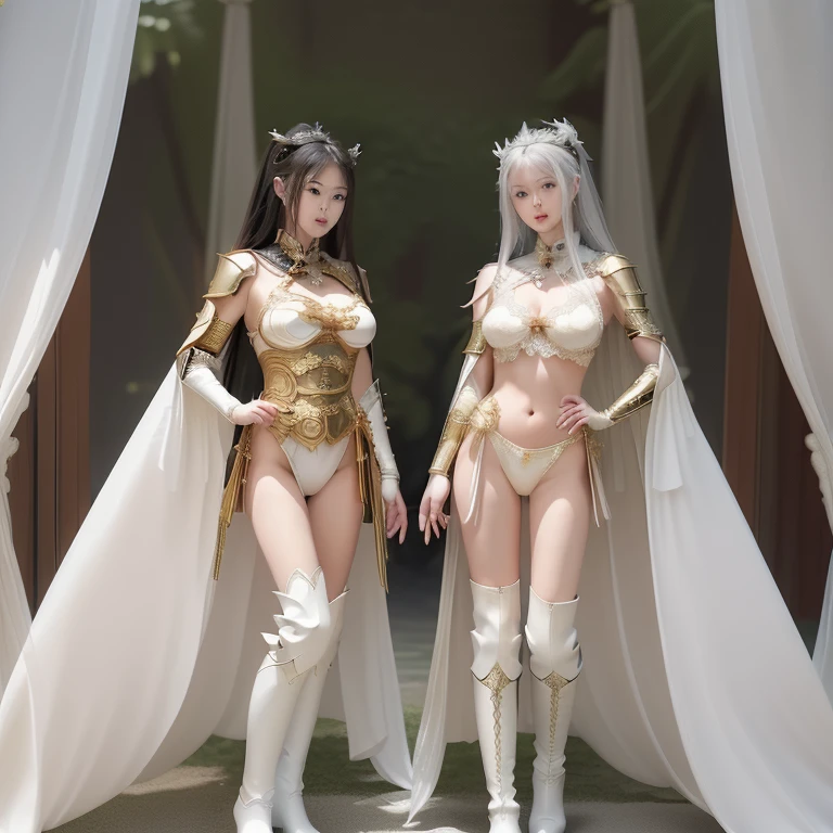 Demon Princess, Female warriors, Full body armor, Sexy Gold White Bikini Armor, long legged girl, Put on white boots, ,full body xianxia, Huge breasts，fantasy clothing, Put on a cape, Lace cape，穿着fantasy clothing, Real 8000g，Impeccable，masterpiece，Professional artwork，masterpiece，Light，Movie Bloom，Perfect face，Pretty Face，fantasy，Dreamy and magical，not real，Intricate details，beautiful pattern