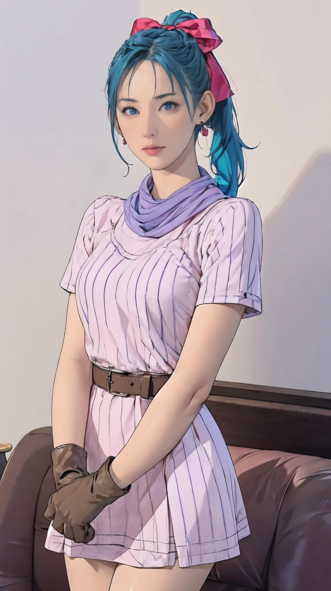(masterpiece, highest quality), 1 girl, Bloomers, 1 girl, Alone, blue eyes , blue hair, Aqua Hair, single braid, Braided Ponytail, hair ribbon, red ribbon, hair bow, earrings for a woman alone,, Short dress, pink dress, Vertical striped dress, Short sleeve, belt, clothes writing, brown gloves , One-handed gloves, Purple scarf,