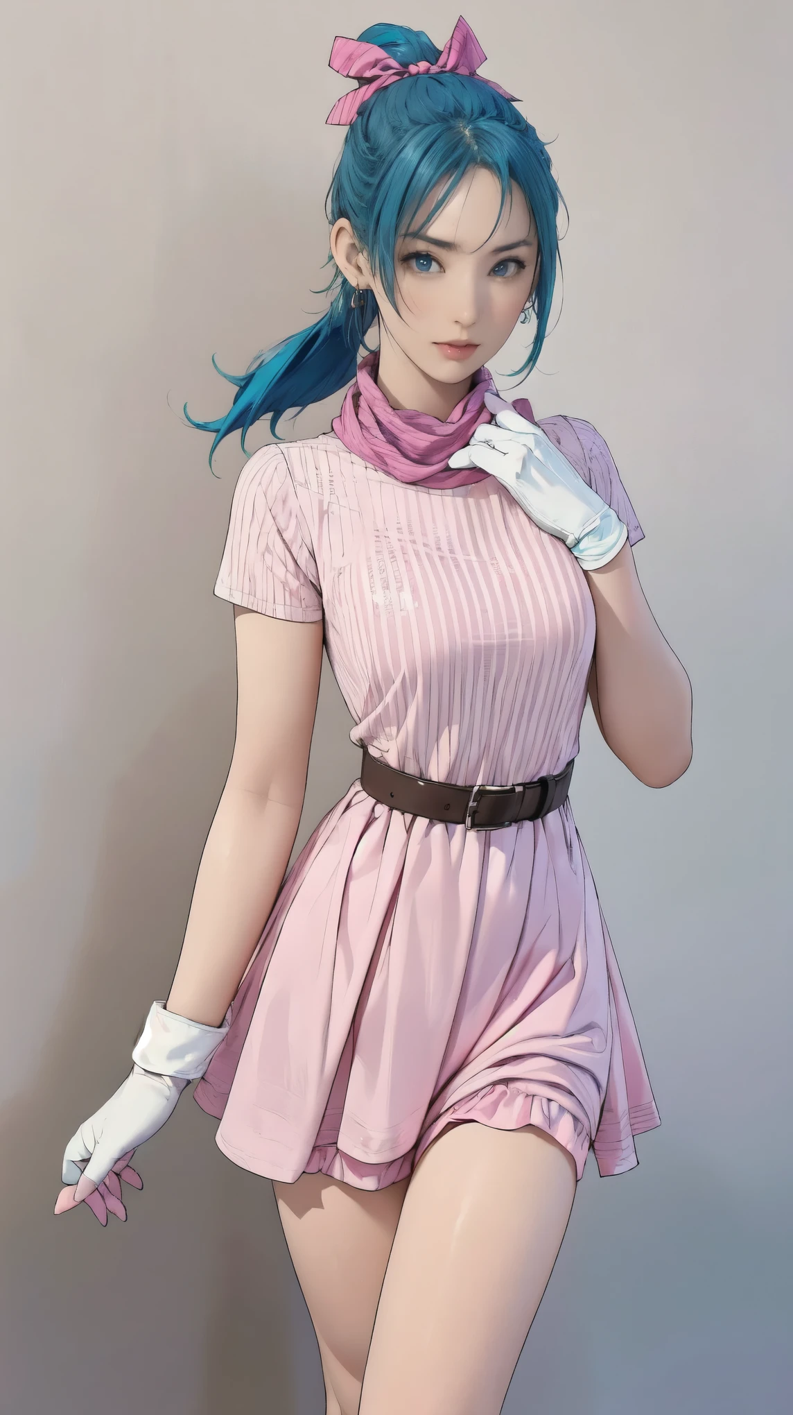 (masterpiece,  highest quality),  1 girl, Bloomers,  1 girl, Alone,  blue eyes ,  blue hair,  Aqua Hair, single braid,  Braided Ponytail, hair ribbon,  red ribbon,  hair bow,  earrings for a woman alone,, Short dress,  pink dress, Vertical striped dress, Short sleeve, belt, clothes writing,  brown gloves , One-handed gloves, Purple scarf,