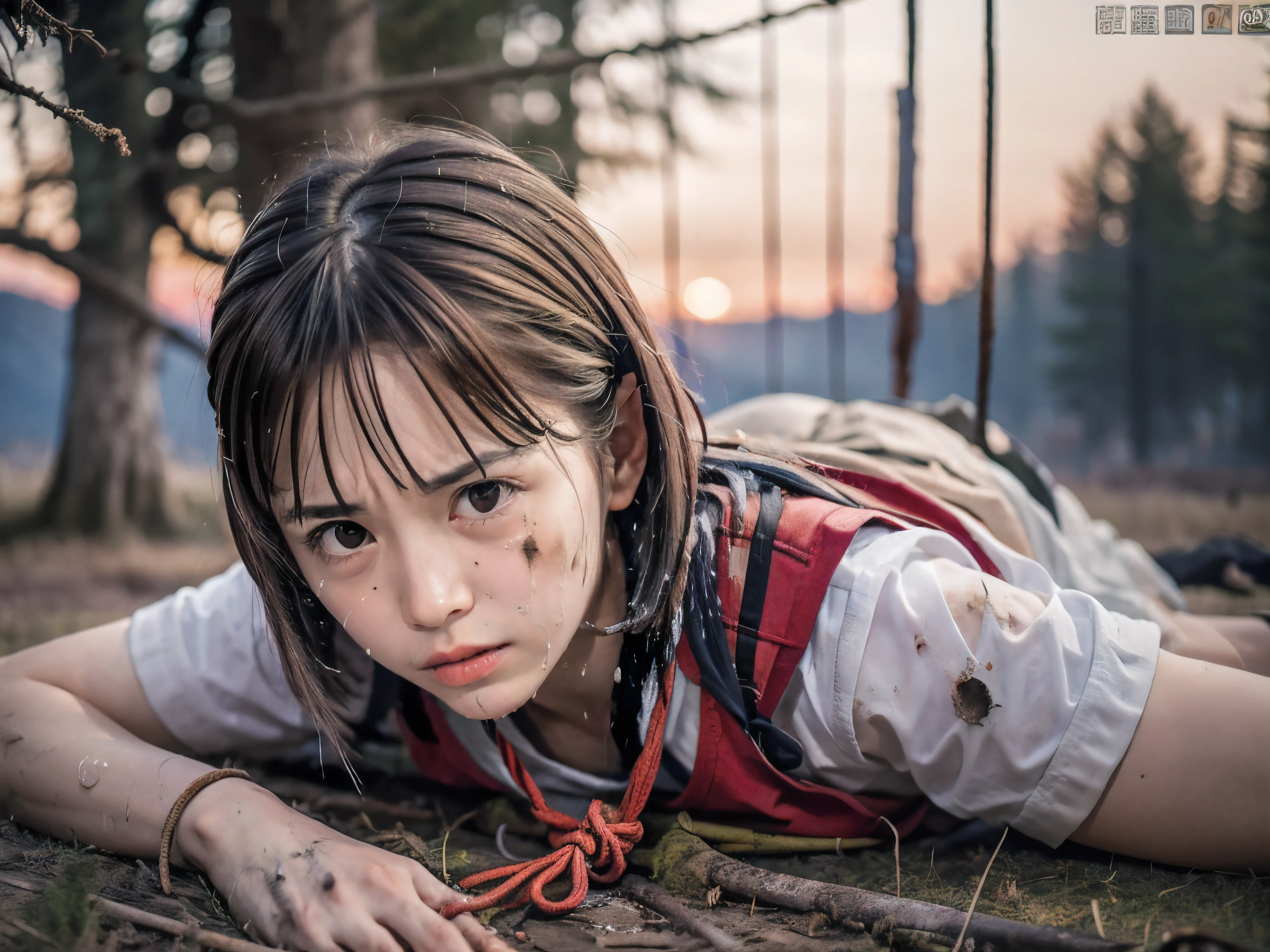 (Low angle shot of one slender small breasts round face brown short hair with bangs girl in a samurai silver armor:1.5)、(One girl is lying with her back behind on the wilderness land at the Sengoku period in Japan with crying dirty sperm splashed face:1.5)、(One girl has splashed sperm and blood on her face and body:1.5)、(One girl is tied wrist by rope:1.5)、(The big fire and burning trees on the wilderness land with red sky:1.5)、(blurred background:1.5)、(Natural light:1.5)、(8k ultra detailed master piece:1.5)、(perfect anatomy:1.5)、(Photorealistic stick:1.5)、(Raw photo:1.3)、(highest quality:1.5)、(High resolution:1.3)、(Delicate and beautiful perfect face:1.3)、(Delicate and beautiful eye air skin:1.3)、(Real Human Skin:1.3)、((thin legs))