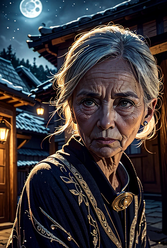  The image of an 80-year-old woman , in a village under the moonlight , praying.  Sad and thoughtful look .   the moonlight reflects on their faces ,  camera style highlighting her sad expression with vivid details.   strange lighting mysterious scenes , Dark night, Old houses, streets with holes , 4k resolution,  highly detailed,  realistic photo ,  photo, film frame,  captured in the Sony Alpha A7 III .