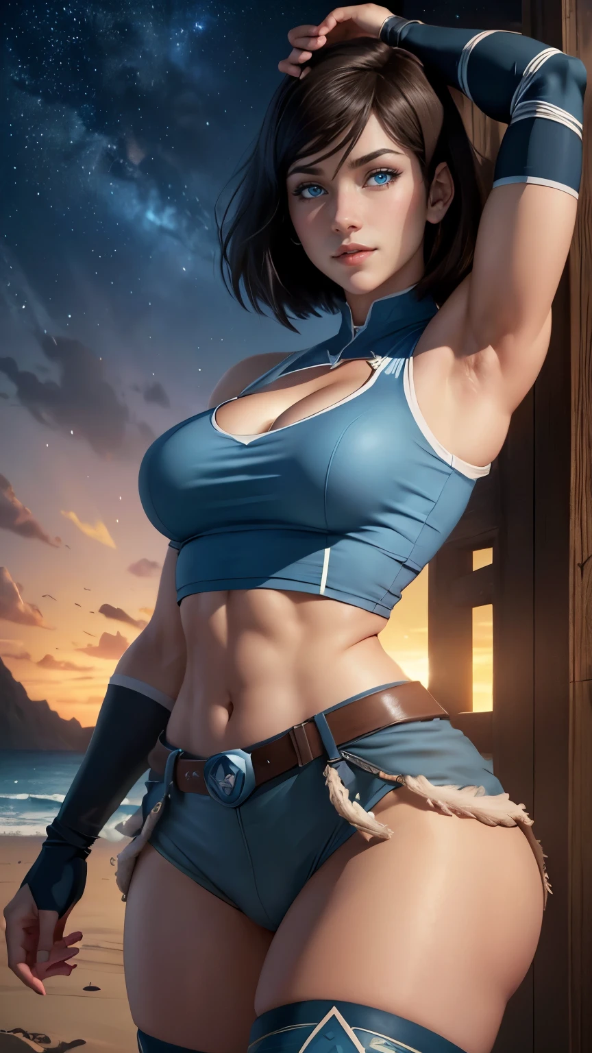 Korra da avatar,(best quality, 4K,8k,high resolution,work of art:1.2)(weather: sunset), tropical  island background, beach cabin, wide hips, short straight hair, brown hair, freckles, sleeveless top, cloth belt, tight lycra shorts, thigh high boots, elbow long fingerless gloves, cleavage, light makeup, dark eyeshadow, blush, sexy pose, glowing eyes, ultra detailed,portrait,realistic,beautiful detailed blue eyes, beautiful detailed lips,extremely detailed eye and face, long eyelashes,average, large breasts,flying hair,beaming smile, horny smile, powerful girl, bright coloured, dramatic lighting, starry sky,