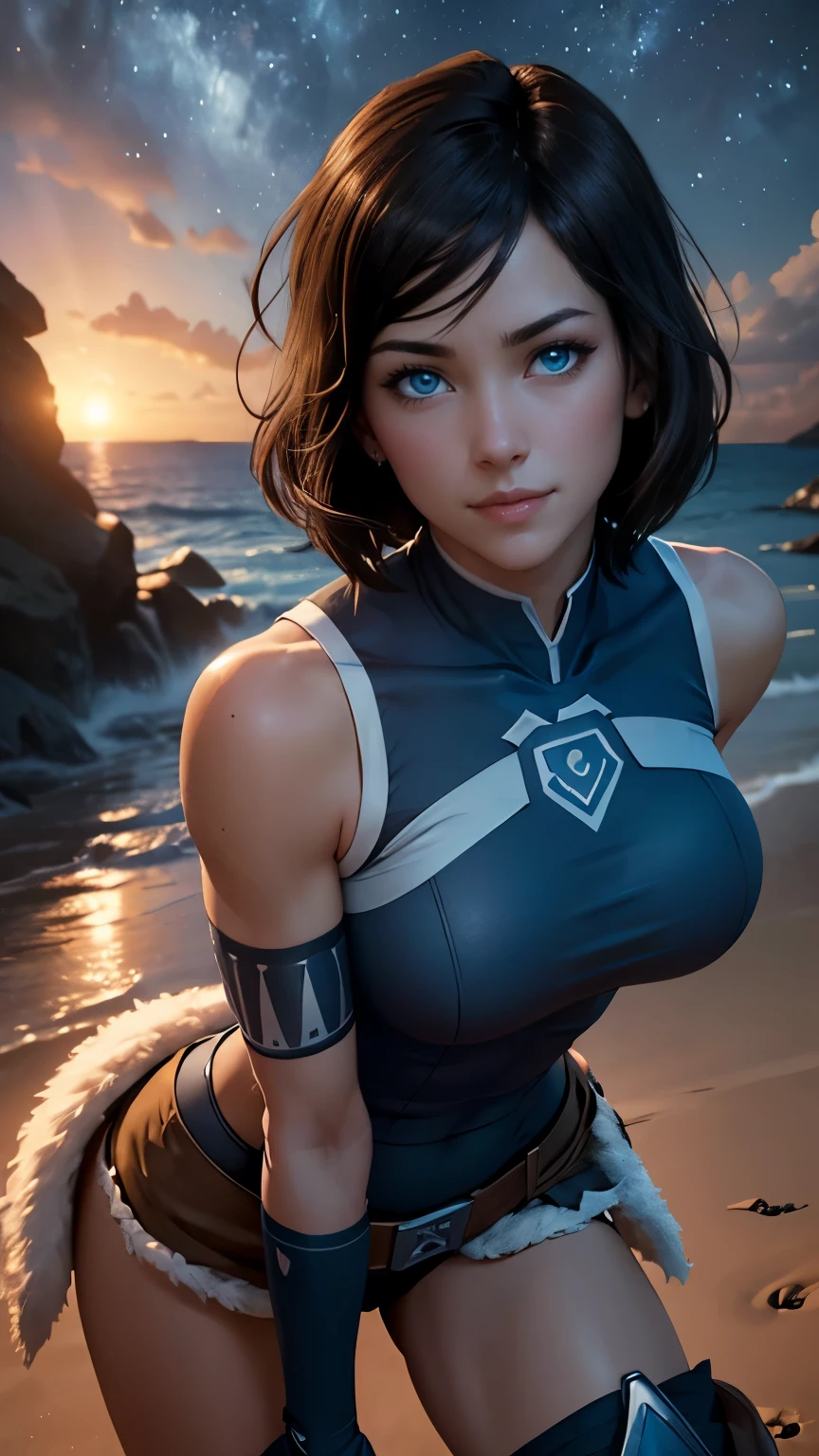 Korra da avatar,(best quality, 4K,8k,high resolution,work of art:1.2)(weather: sunset), tropical island background, beach cabin, wide hips, short straight hair, brown hair, freckles, sleeveless top, cloth belt, tight lycra shorts, thigh high boots, elbow long fingerless gloves, cleavage, light makeup, dark eyeshadow, blush, sexy pose, glowing eyes, ultra detailed,portrait,realistic,beautiful detailed blue eyes, beautiful detailed lips,extremely detailed eye and face, long eyelashes,average, large breasts,flying hair,beaming smile, horny smile, powerful girl, bright coloured, dramatic lighting, starry sky,