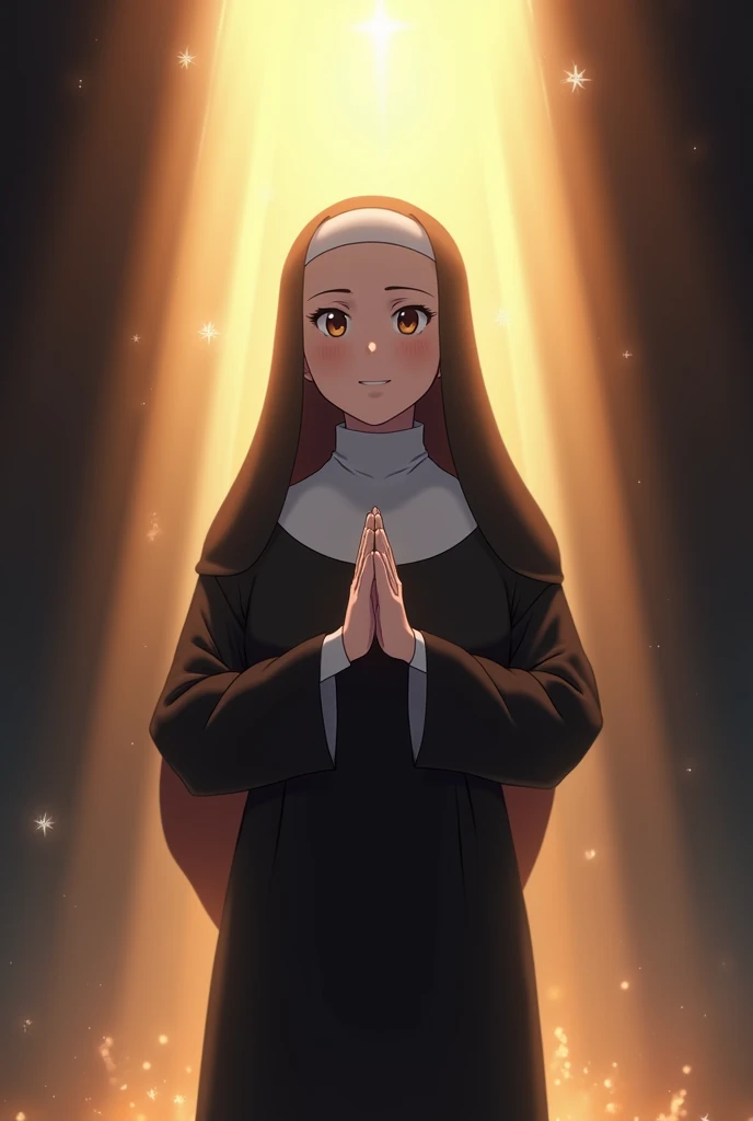 anime image of a Nun in consecration time, serene and glorious nuance, dramatic lights, shining light behind her head, locking fingers in prayer stance