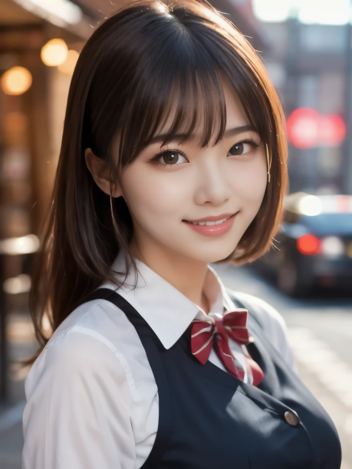 8k、Best Quality、Ultra Wide Angle Monofocal Lens 、(Representative Works:1.2)、( real)、( real:1.37)、One high school girl、Beautiful teeth alignment、smile、Well-formed fingers、 ponytail、Around town、( cute uniform)、Big Breasts、 perfect body by Pubis、Gravure photoshoot、Perfect Fingers、Beautiful Skin、Professional Lighting、Face and skin detail、Microparticles、 RAW Photos