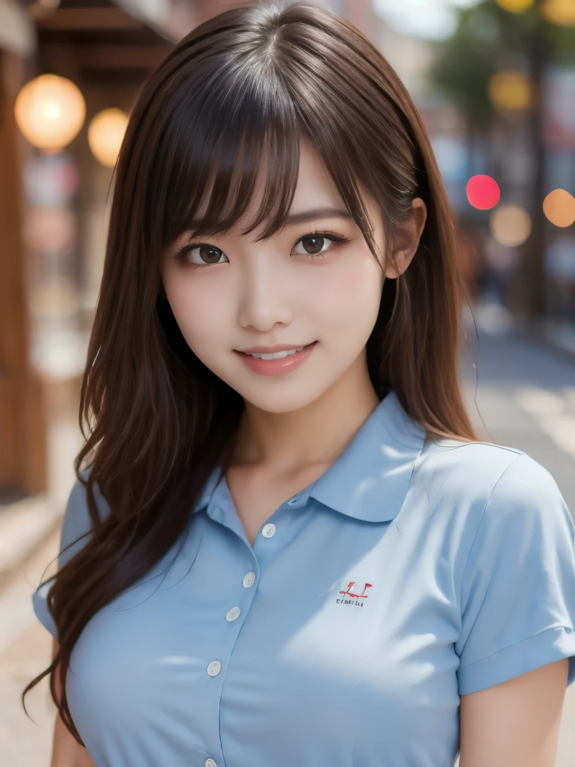 8k、Best Quality、Ultra Wide Angle Monofocal Lens 、(Representative Works:1.2)、( real)、( real:1.37)、One high school girl、Beautiful teeth alignment、smile、Well-formed fingers、 ponytail、Around town、( cute uniform)、Big Breasts、 perfect body by Pubis、Gravure photoshoot、Perfect Fingers、Beautiful Skin、Professional Lighting、Face and skin detail、Microparticles、 RAW Photos