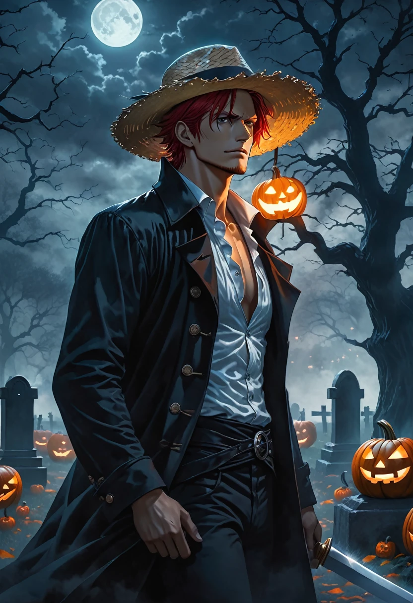 High quality, masterpiece level digital art, intricate details, Halloween theme. Features a red-haired man (Shanks from One Piece) with his iconic straw hat, facial scar, and short hair, dressed in a partially unbuttoned white shirt and draped black coat, exposing his pectorals. He stands in a spooky, misty graveyard under a dark, moonlit sky, surrounded by twisted, bare trees and ominous shadows. Halloween pumpkins with glowing, eerie faces illuminate the scene. Shanks holds a menacing yet playful expression, resting one hand on his sword while his coat flutters in the cold wind. His stance is powerful, with his straw hat tilted just enough to cast a shadow over his eyes, adding to the mystery. Fog curls around his feet, enhancing the chilling, Halloween atmosphere.