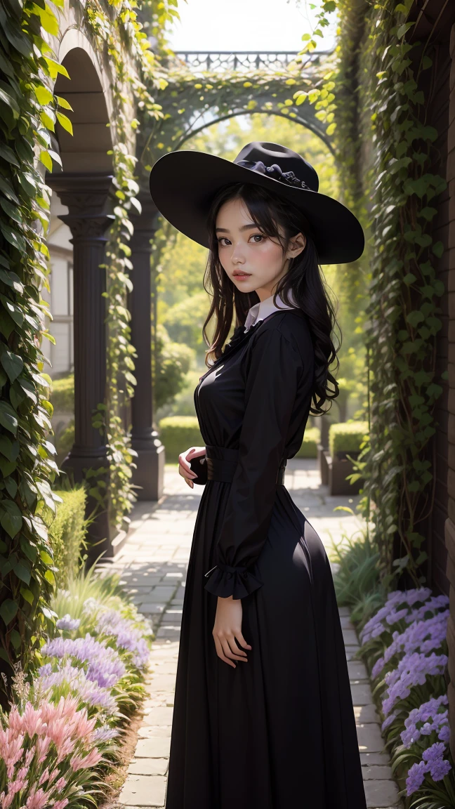 ネオゴススタイルの  girl, Wearing a black dress and a white collar,   Wearing a black hat  、Wearing heavy makeup,   she's standing in a mysterious garden   、Surrounded by vines  .  The garden is full of dark purple flowers  .、Gothic architecture in the background。.   girl&#39;Iの髪は黒色、  her hair is long braided  .、   has red roses next to her   。. Her eyes are sharp、It&#39;stabbing.,  Thick black eyeliner and red roses blooming next to long eyelashes  .  she has white skin .、Lips bright red.. The atmosphere is gloomy and eerie, Dim lighting casts long shadows.    This work is a combination of digital illustration and photography.., result、そのresult、Incredibly high resolution images。. Most colors are dark、I&#39;kind,   dark red and purple exude dark beauty ..    The overall style is neo-gothic   ., Horror,     portrait photography  ,    creates a unique and fascinating visual experience   .Dark Imagery
