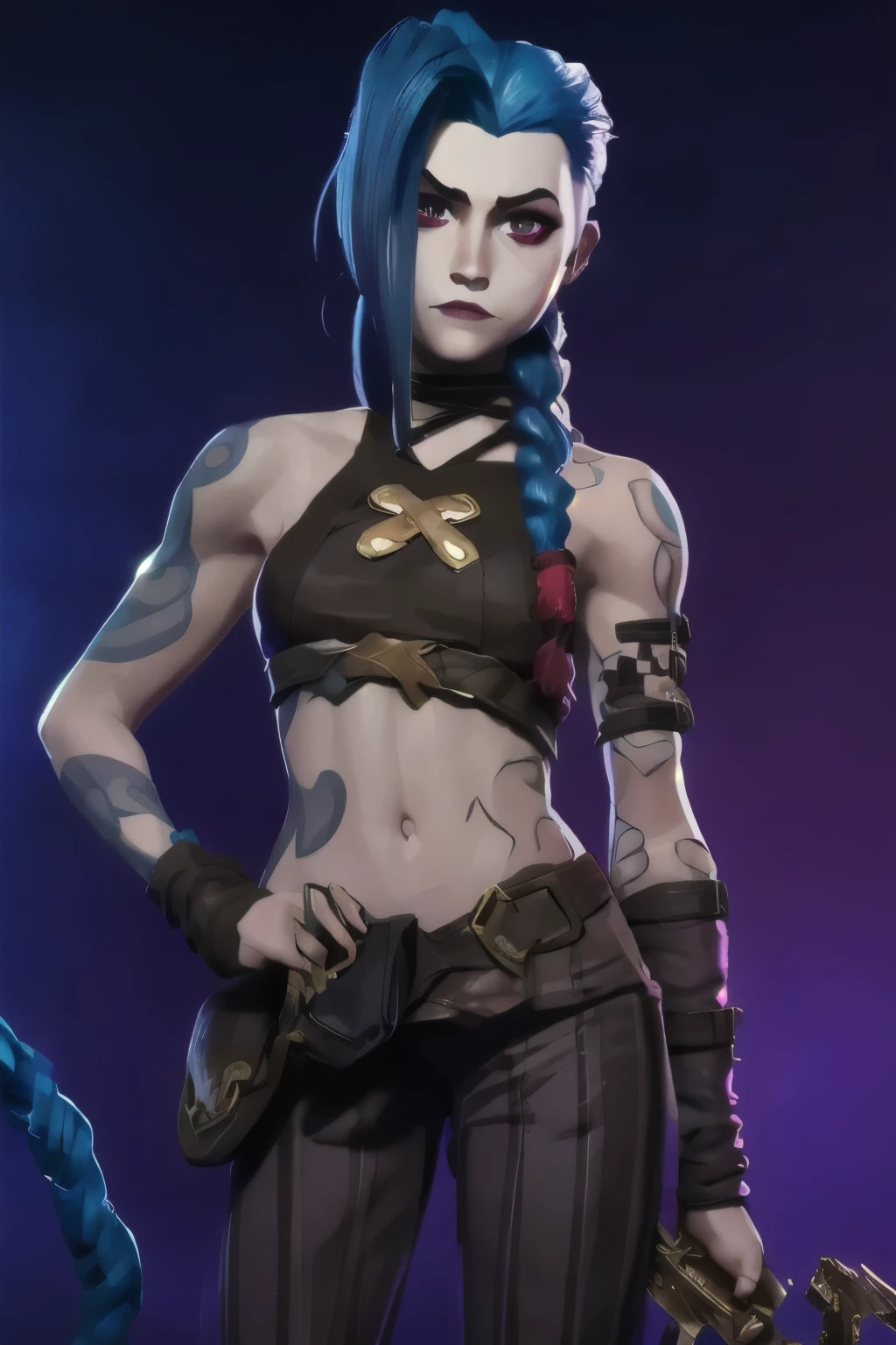 (masterpiece, best quality:1.2), 1girl, solo, Jinx, wearing a Jinx Arcane Costume, tattoo, belly tattoo blue hair with two long twin braids detailed. Flames Background.