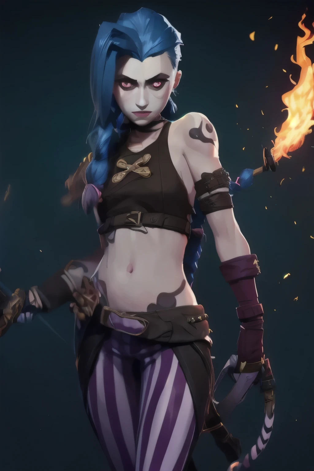 (masterpiece, best quality:1.2), 1girl, solo, Jinx, wearing a Jinx Arcane Costume, tattoo, belly tattoo blue hair with two long twin braids detailed. Flames Background.