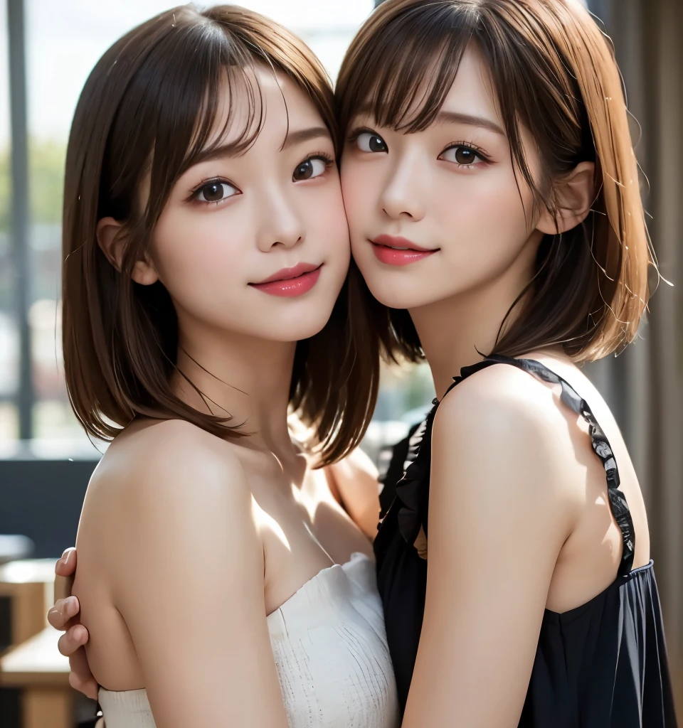 Best Quality、8k、Highest quality、 professional writing、Natural Light、 ultra high resolution、Clear photo、 Beautiful and delicate skin 、 no makeup in the coal mine、thin、 very cute３people々々々々、 white skin、 short bob hair、Brown Hair、Exquisite appearance、 loves each other no matter how high quality ３people々々々々:1.8、{{kissu３people々々々々:1.8、 Completely naked :1.8、Cover your nipples with your hands:1.8、 hug each other :1.8、Put your lips on it:1.6、 detailed biography 、３people々々々々 idol group member :1.6、 Photo with Head on Knees :1.8
