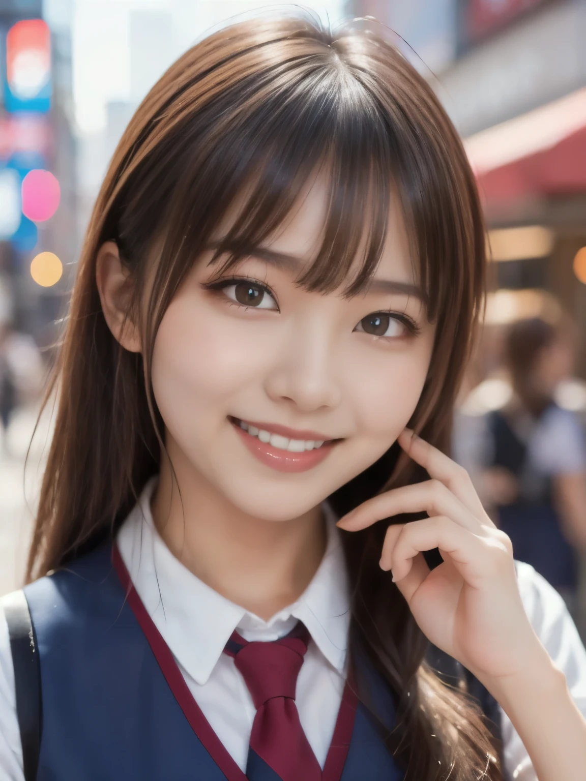 8k、Best Quality、Ultra Wide Angle Monofocal Lens  、(Representative Works:1.2)、( Genuine)、( Genuine:1.37)、One of the high school students、Beautiful teeth alignment、smile、Well-formed fingers、  ponytail、Shinjuku、(  cute uniform)、Big Breasts、Gravure photoshoot、Perfect fingers、Beautiful Skin、 professional writing、Face and skin detail 、Microparticles、 RAW photo