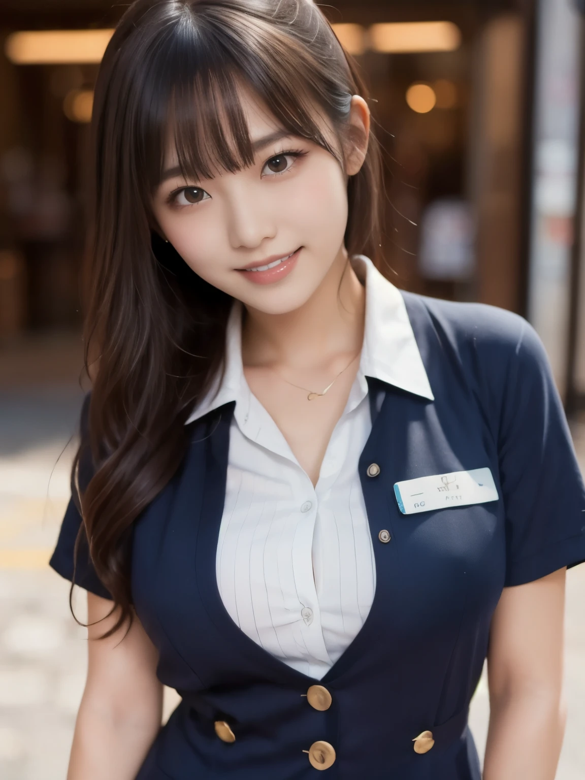 8k、Best Quality、Ultra Wide Angle Monofocal Lens 、(Representative Works:1.2)、( real)、( real:1.37)、One high school girl、Beautiful teeth alignment、smile、Well-formed fingers、 ponytail、Around town、( cute uniform)、Big Breasts、 perfect body by Pubis、Gravure photoshoot、Perfect Fingers、Beautiful Skin、Professional Lighting、Face and skin detail、Microparticles、 RAW Photos