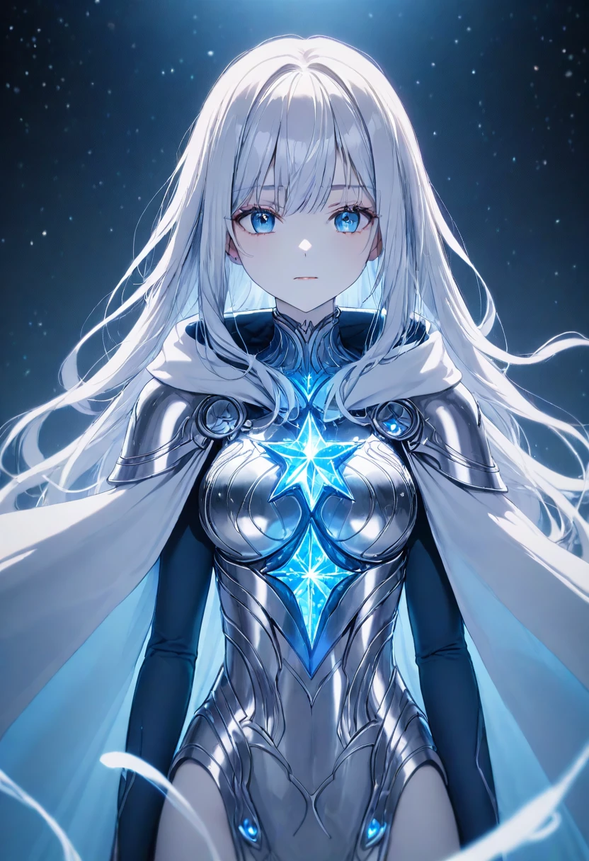 masterpiece,best quality,high resolution,ultra sharp focus,Cinematic Lighting, ethereal light,8k,young woman,serene, cold, mysterious, cosmic energy, deep blue and silver tones, calm aura, stars and galaxies swirling in the background, faint cosmic glow around her, waist-length straight silver hair, with slight blue sheen, piercing icy blue eyes, pale skin, with a subtle metallic sheen, fitted celestial armor, adorned with star patterns and comet-like designs, long flowing cape, sparkling with stardust, surrounded by swirling stars and cosmic particles
