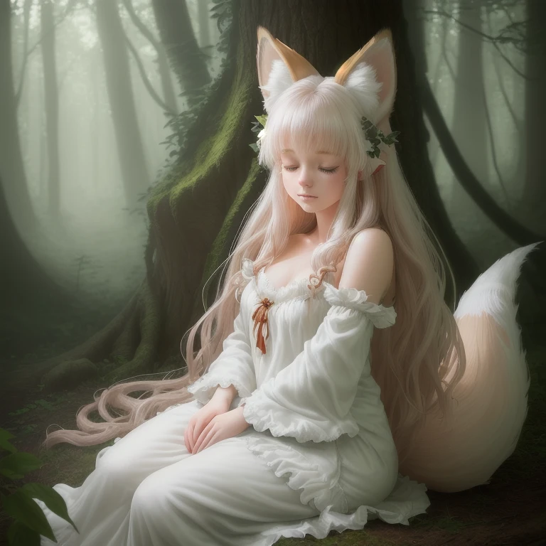 Professional high quality photos, In 4K resolution, Capture a cute  in a fluffy white nightgown with fox ears and tail in realistic detail.. She was sitting in the middle of an enchanted forest., Where every element is perfectly conveyed. Sleepwear fabric, Ears and tail are sharp and tangible.. Sunlight shone through the leaves and illuminated the young woman&#39;s face gently., Emphasizing each delicate and lovely expression  