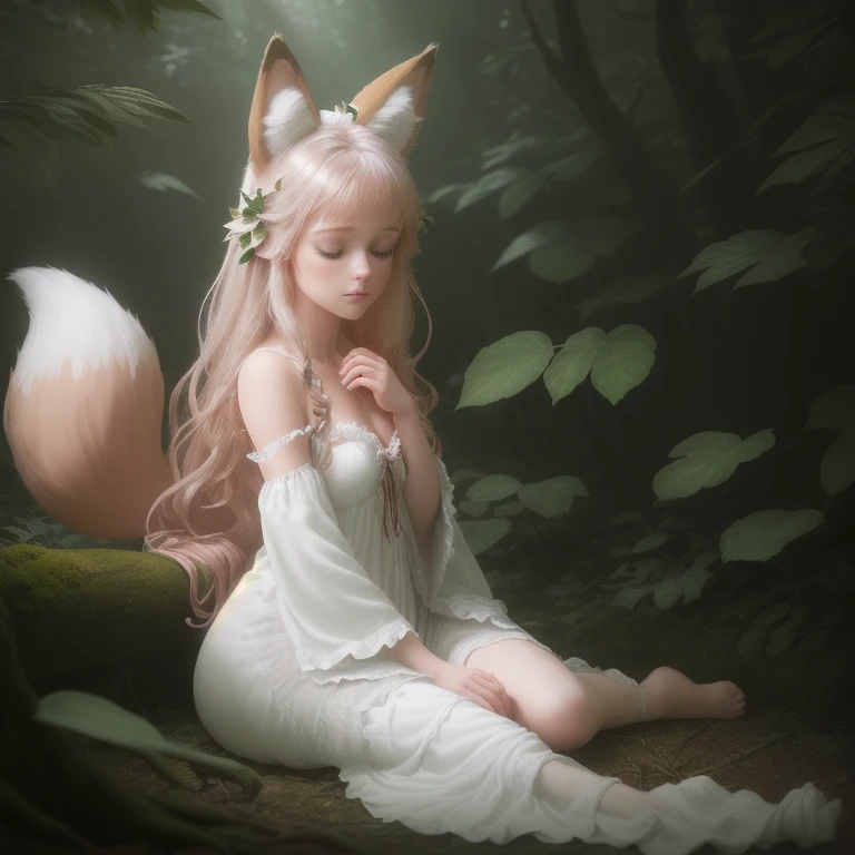 Professional high quality photos, In 4K resolution, Capture a cute  in a fluffy white nightgown with fox ears and tail in realistic detail.. She was sitting in the middle of an enchanted forest., Where every element is perfectly conveyed. Sleepwear fabric, Ears and tail are sharp and tangible.. Sunlight shone through the leaves and illuminated the young woman&#39;s face gently., Emphasizing each delicate and lovely expression  