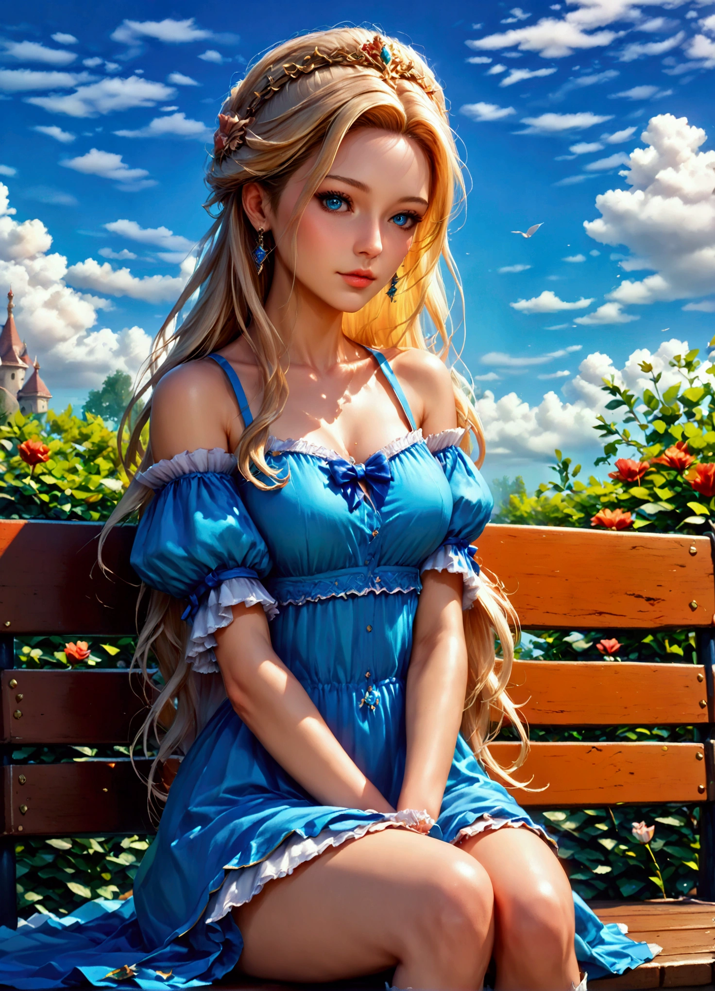 score_9, score_8_up, score_7_up, score_6_up, score_5_up, score_4_up, 1girl, a (fullbodyportrait:1.3) sitting on a bench of a blond female with blue eyes, cute, epic, Fantasy dnd, hires, artstation, true beauty, perfect face, perfect body, (masterpiece:1.5), digital drawing, head to toes portrait