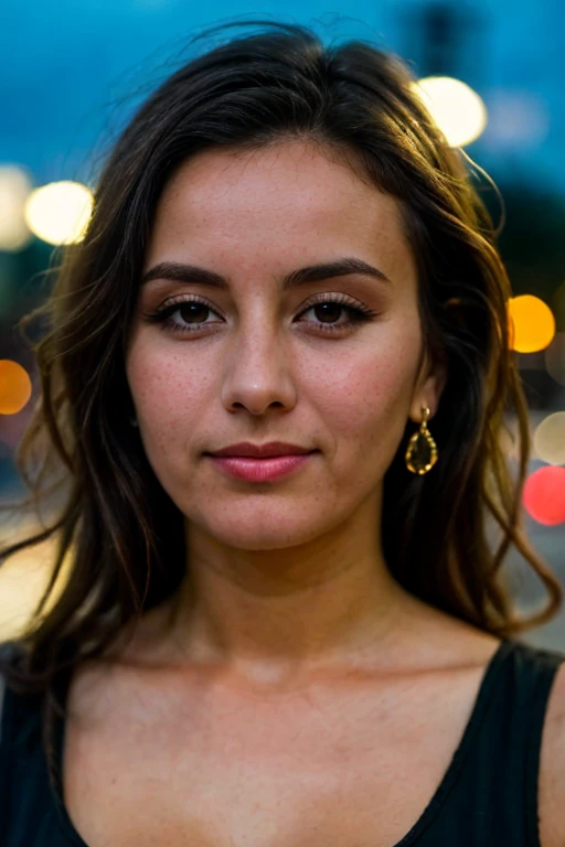 Close-up photo of a Caucasian girl's face in black dress, evening city street, bokeh