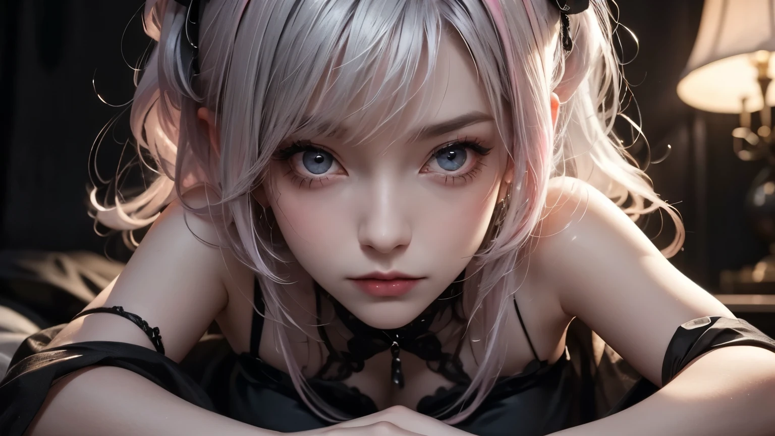 Depth of bounds written, detailed eye, ((CG illustration)), ((face focus)), ((masterpiece)), ((8K)), ((super detailed)), ((Super high quality)), ((cinematic)), ((Photoreal)), ((close up shot)), (solo), (cool girl), very long hair, straight hair, (((thin body))), Glossy skin, ((look away)), (Beautiful goth girl with high cheeks and legs), Gothic makeup, clear eyes, lipstick, dark eye shadow, ((No bra)), choker, earrings, provoke, night, ((full moon)), ((Functional)), Lonely, Visual kei, ((pastel colour)), Unwound clothes, forget, kiss, White Knight, dark, silence