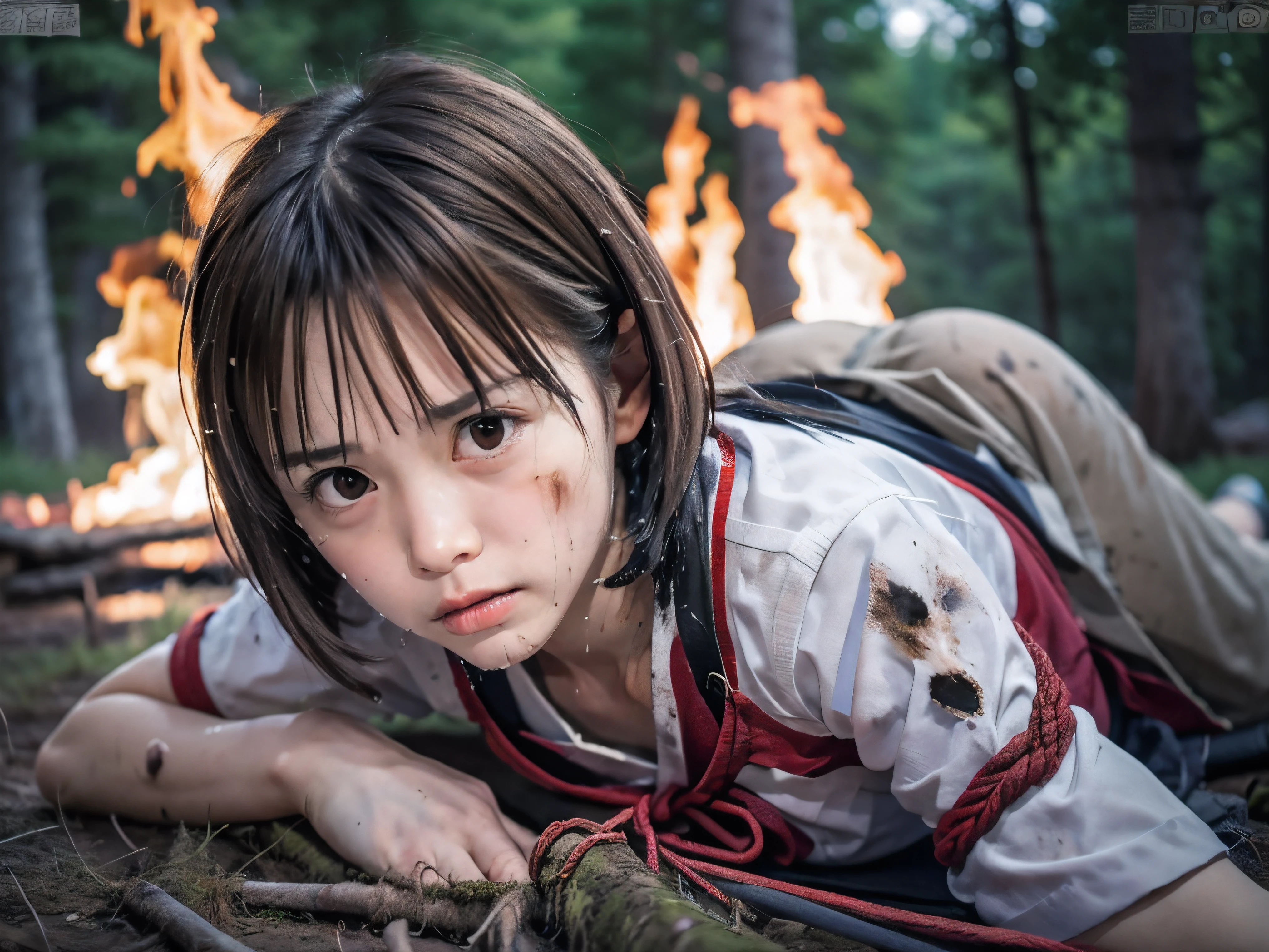 (Low angle shot of one slender small breasts round face brown short hair with bangs girl in a samurai silver armor:1.5)、(One girl is lying with her back behind on the wilderness land at the Sengoku period in Japan with crying dirty sperm splashed face:1.5)、(One girl has splashed sperm and blood on her face and body:1.5)、(One girl is tied wrist by rope:1.5)、(The big fire and burning trees on the wilderness land with red sky:1.5)、(blurred background:1.5)、(Natural light:1.5)、(8k ultra detailed master piece:1.5)、(perfect anatomy:1.5)、(Photorealistic stick:1.5)、(Raw photo:1.3)、(highest quality:1.5)、(High resolution:1.3)、(Delicate and beautiful perfect face:1.3)、(Delicate and beautiful eye air skin:1.3)、(Real Human Skin:1.3)、((thin legs))