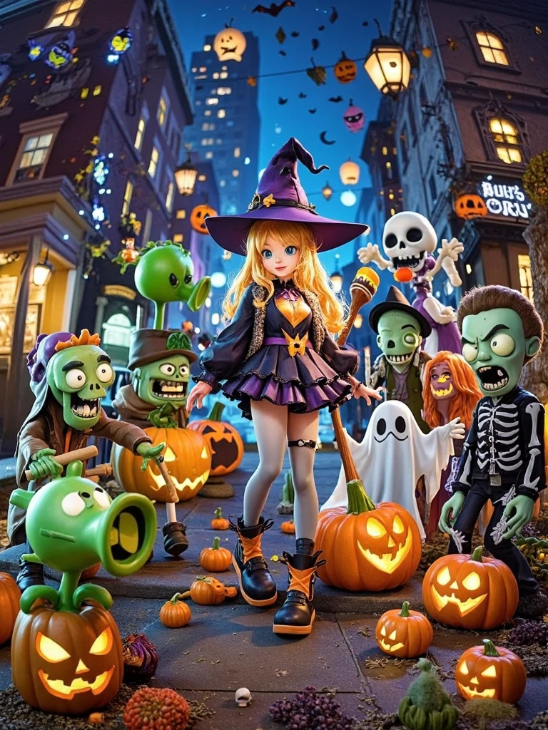 [Vision:1.0]，[Wide Angle:1.0]，写真photography，Halloween Night， Surrounded by various characters in the Plants vs. Zombies game，The girl stands in the middle ， Halloween decorations （Such as pumpkins、ghost、Skeleton）， creates a festive atmosphere ，Bright colors， cartoon style with a sense of humor ， combines the mystery and fun of Halloween ，photography，Movie Stills，Realism， film grain ，UHD，masterpiece，accurate， anatomically correct，Skin texture ， super detailed，Award-winning works， best quality ，8k，Bright colors，Bright，RGB， Colorful， is popular on social platforms，((Dopamineism))，((( dopamine color scheme )))，Facing the screen，High Saturation， high contrast 