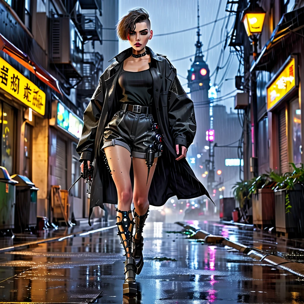 cybord woman with robotic legs and half diagonaly thorn mechanical face, black buzzcut, walking menacingly, dirty thorn black coat, oversize shirt, black shorts, rainy night city background 