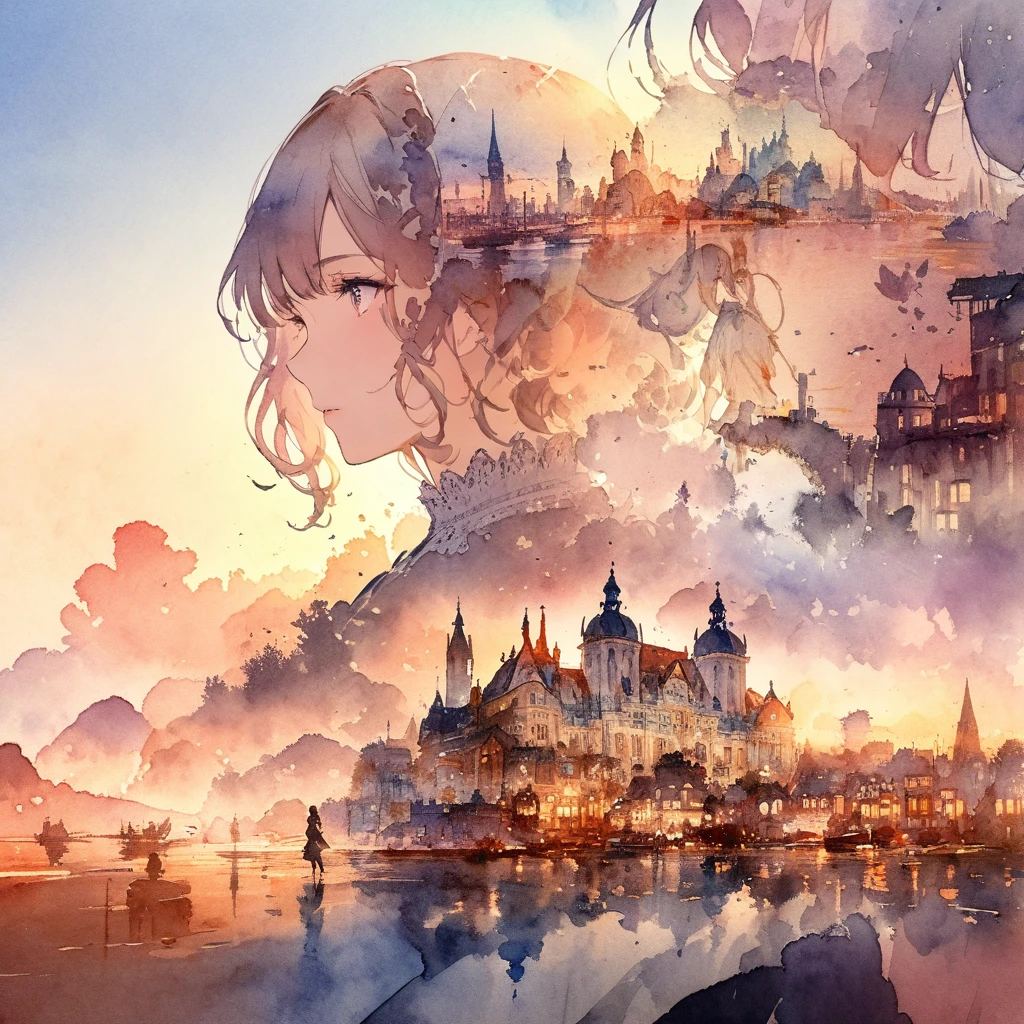 ((sketch:1.5)), ((watercolor:1)), Double Exposure of a Beautiful and Delicate Woman (The face is clear and perfect)image，Background、 Perfect Ultra Detailed Victorian Scenery , beautiful,  complicated illustration,  artwork concept artwork, break,(I want to buy 、 I don't want to be sold ),