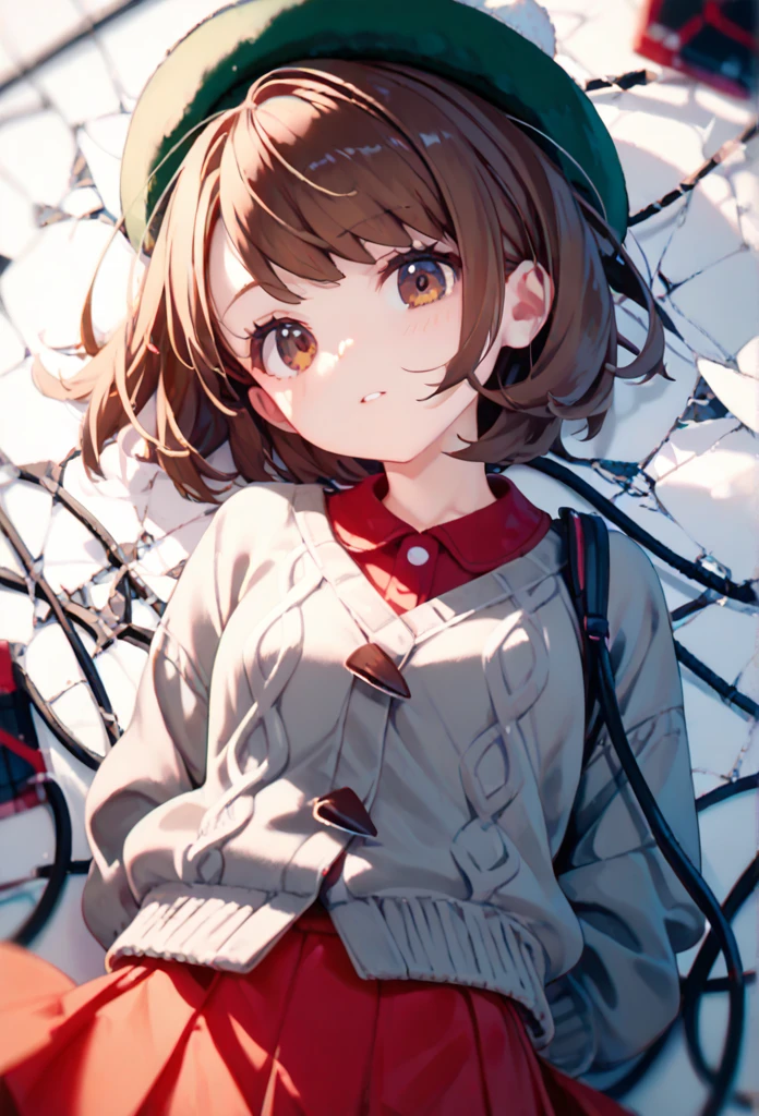 
gloria,pokemon,brown eyes,short hair,brown hair,bob cut,small breasts,grey cardigan,red skirt,green headwear,cable knit, Depth of field, Top view, close up, hands behind back, broken screen,
