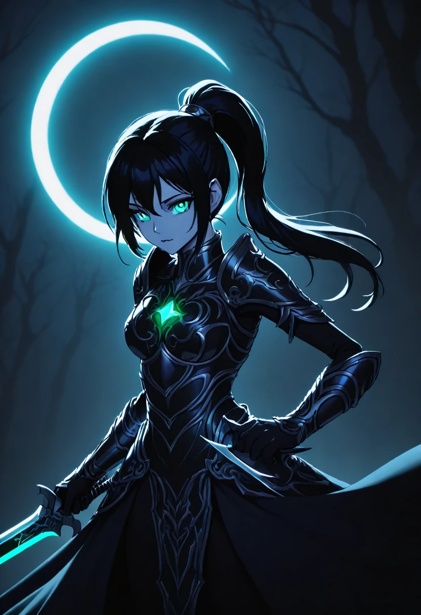 masterpiece,best quality,high resolution,ultra sharp focus,Cinematic Lighting, ethereal light,8k,young woman,shadowy, stealthy, deadly, swift movements, crescent moon in the background, dark aura, flickering shadows around her, silent forest setting, midnight blue and black tones, high-contrast lighting, long black hair, tied in a loose ponytail, sharp silver streaks, piercing emerald green eyes, pale skin, with a ghostly glow, form-fitting dark leather armor, adorned with subtle silver accents, dual daggers, held in reverse grip, smoke trails following her blades
