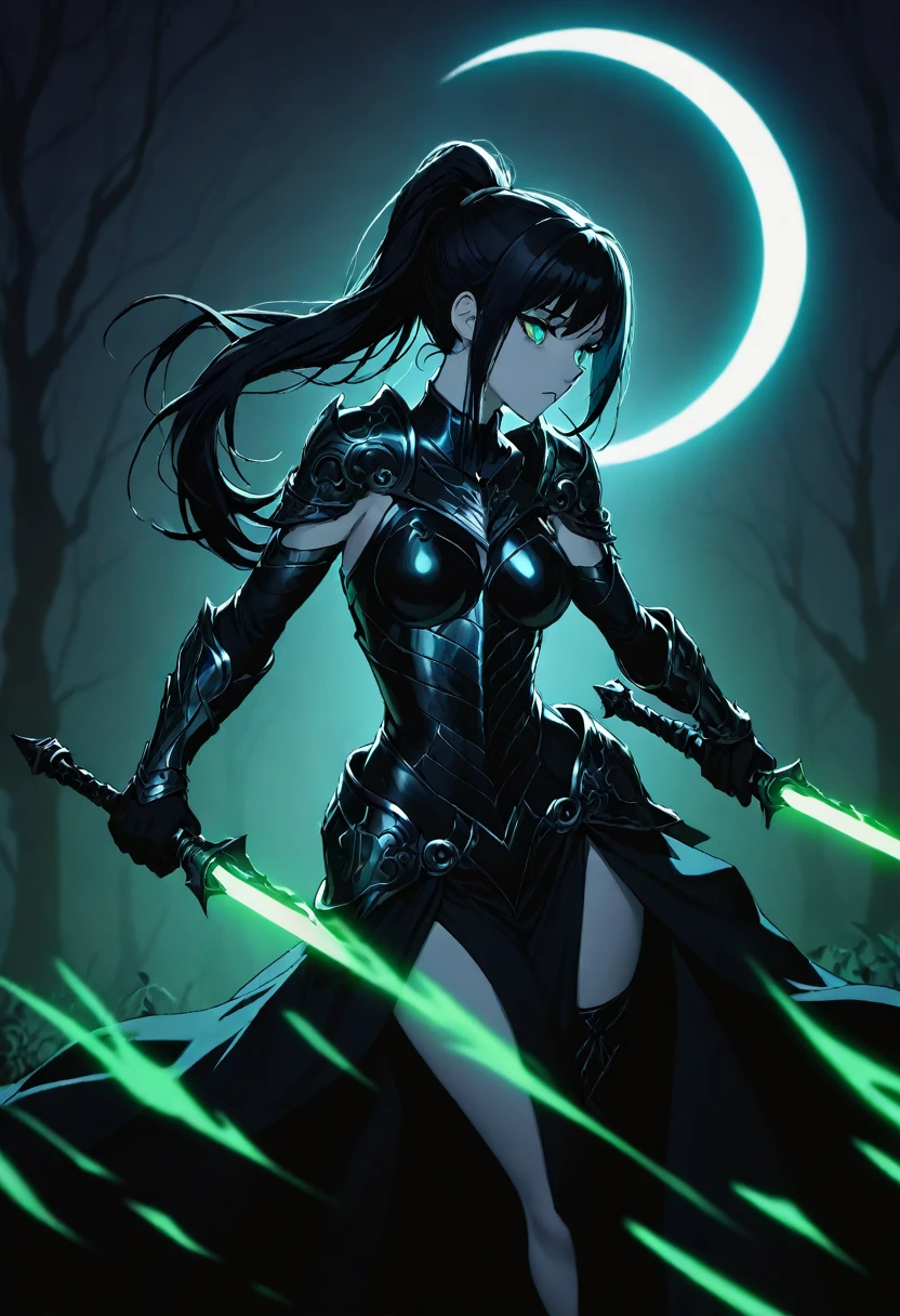 masterpiece,best quality,high resolution,ultra sharp focus,Cinematic Lighting, ethereal light,8k,young woman,shadowy, stealthy, deadly, swift movements, crescent moon in the background, dark aura, flickering shadows around her, silent forest setting, midnight blue and black tones, high-contrast lighting, long black hair, tied in a loose ponytail, sharp silver streaks, piercing emerald green eyes, pale skin, with a ghostly glow, form-fitting dark leather armor, adorned with subtle silver accents, dual daggers, held in reverse grip, smoke trails following her blades
