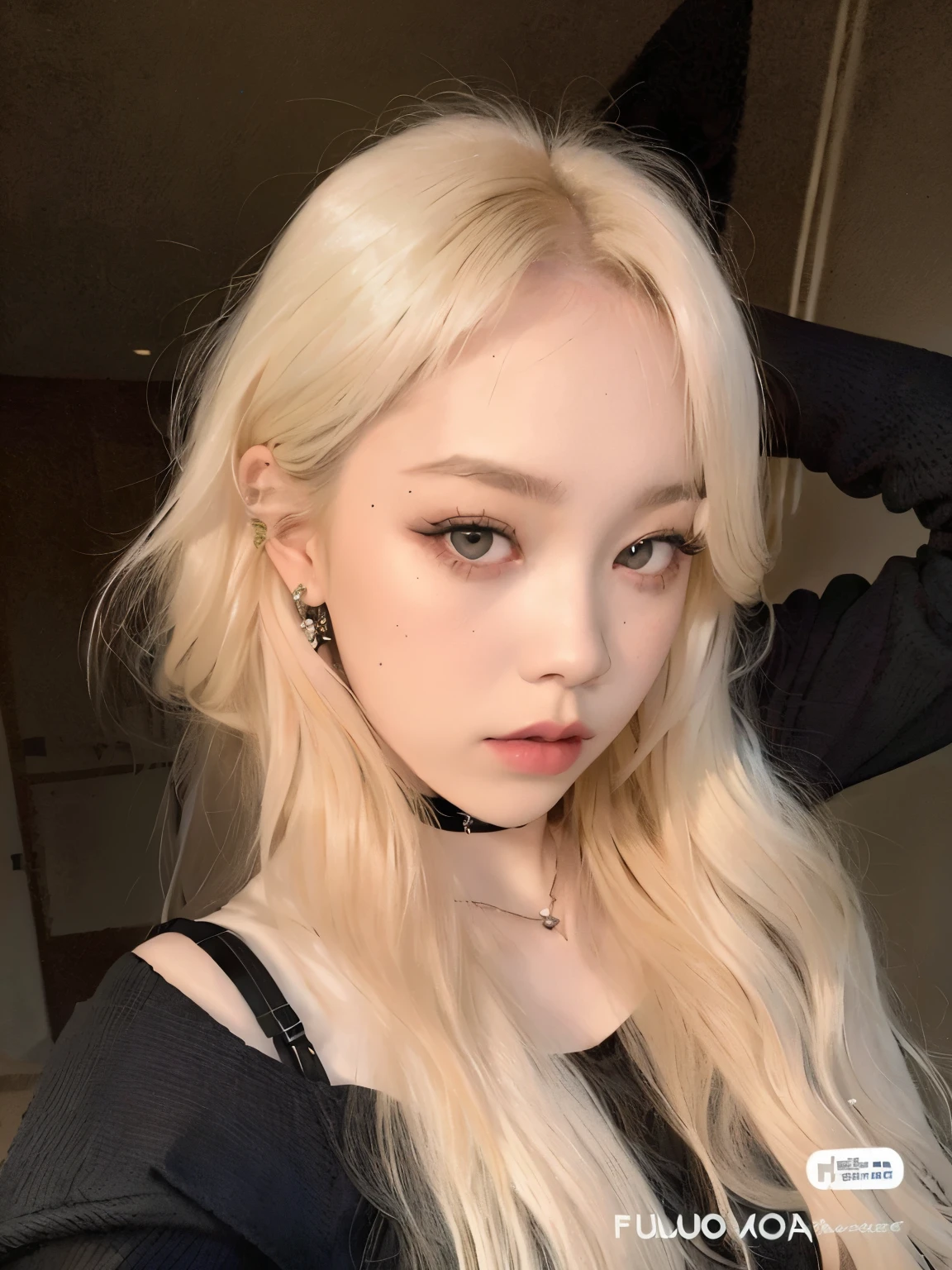 Blonde woman with choker and choker posing for a photo., ulzzang, cruel korean goth girl, Long, white hair and bangs, Lalisa Manobal, extremely pale blond hair, cabello whitebangs cabello, Lalisa Manoban of Blackpink, white bangs, very blonde hair, very pale, White hime cut hairstyle, blackpink jossi portrait, pale hair