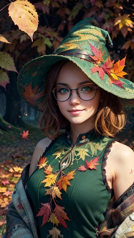 Short, red hair, (green eyes:1.5),  metal frame glasses , Witch's Hat, smiling girl  . (masterpiece,  top quality,  Best quality ,  official art,  beautiful and aesthetic :1.2),  Extremely detailed ,( fractal art:1.2),Colorful,The most detailed, ( dynamic pose), (autumn background:1.5), (lots of leaves:1.4). ((SPLIT. photorealism.  unreal engine .  Ultra high quality textures.  high detail.  8k resolution))