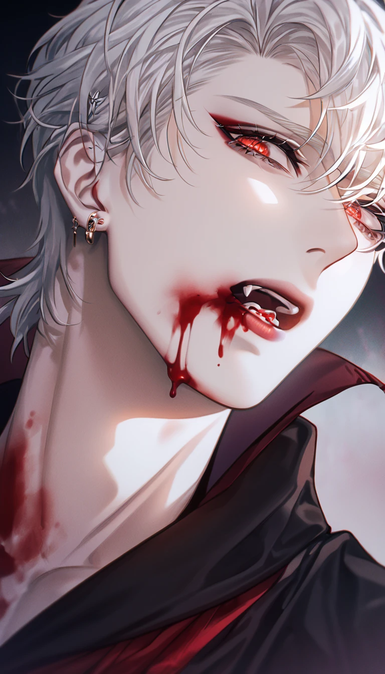 Vampire couple, absurdres, highres, ultra detailed, HDR, master piece, best quality, extremely detailed face, delicated features, Jaehwan , White hair, short hair, no fringe, without bangs, handsome hair, cool eyes, The World After The Fall, Alone, Sensual, Young face, black and red Vampire style, cold, Transparent, black, Boyfriend, Pierce, earring, Vampire boy, Draw a large background, anime,  Vampire model, fang, Scary Halloween background, Draw a large background, 4K, High image quality, Bite her neck, Blood dripping from the mouth, Vampire makeup, Upper body photography