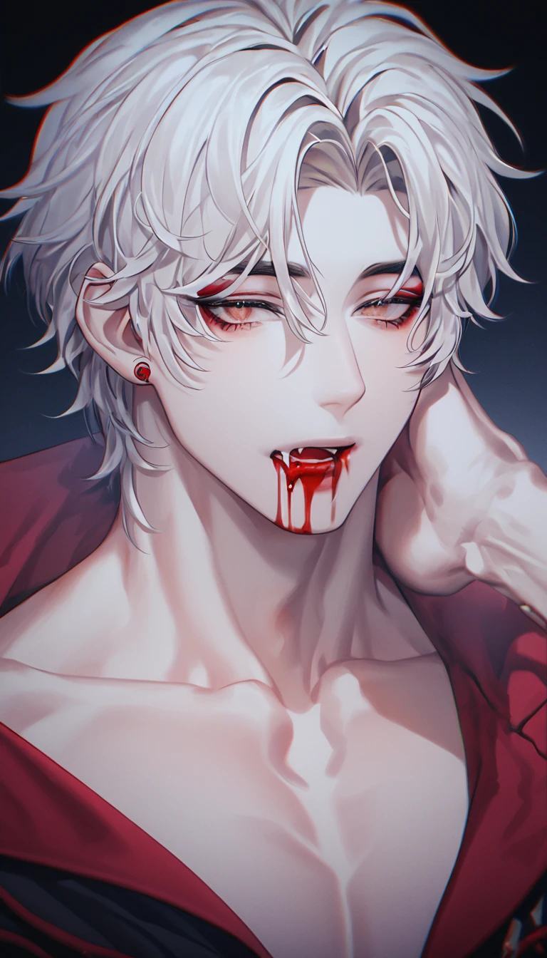 Vampire couple, absurdres, highres, ultra detailed, HDR, master piece, best quality, extremely detailed face, delicated features, Jaehwan , White hair, short hair, no fringe, without bangs, handsome hair, cool eyes, The World After The Fall, Alone, Sensual, Young face, black and red Vampire style, cold, Transparent, black, Boyfriend, Pierce, earring, Vampire boy, Draw a large background, anime,  Vampire model, fang, Scary Halloween background, Draw a large background, 4K, High image quality, Bite her neck, Blood dripping from the mouth, Vampire makeup, Upper body photography