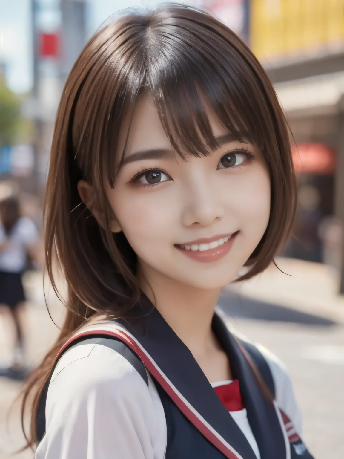 8k、Best Quality、Ultra Wide Angle Monofocal Lens  、(Representative Works:1.2)、( Genuine)、( Genuine:1.37)、One of the high school students、Beautiful teeth alignment、smile、Clasp your arms in front of you、Well-formed fingers、  ponytail、Shinjuku、(  cute uniform)、Big Breasts、Gravure photoshoot、Perfect fingers、Beautiful Skin、 professional writing、Face and skin detail 、Microparticles、 RAW photo