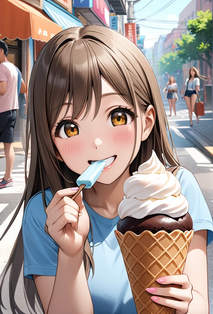 Hyperrealism、 one girl playing pranks, Long Hair, smile, Hanamaru Kunia 、、Background street、Ice cream in one hand