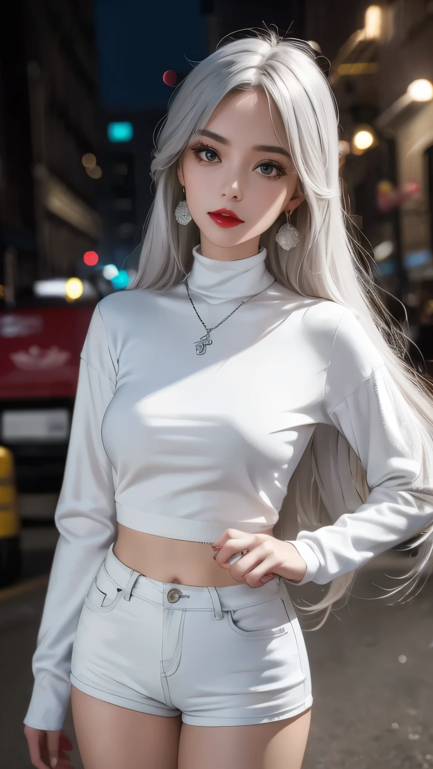  Beautiful girl college ，masterpiece，light makeup，red lips，silver hair，messy long hair，street background，beautiful，grace。supene details，work，authentic texture，Realistic movie lighting，Perfect work，8k，HD，exquisite features，White Skinny Turtleneck Top，White Skinny Shorts，slim body shape，big and bright eyes，，earrings，necklace，