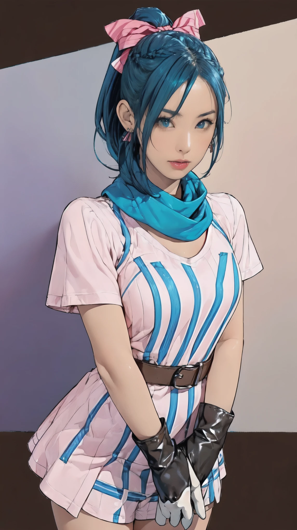 (masterpiece, highest quality), 1 girl, Bloomers, 1 girl, Alone, blue eyes , blue hair, Aqua Hair, single braid, Braided Ponytail, hair ribbon, red ribbon, hair bow, earrings for a woman alone,, Short dress, pink dress, Vertical striped dress, Short sleeve, belt, clothes writing, brown gloves , One-handed gloves, Purple scarf,