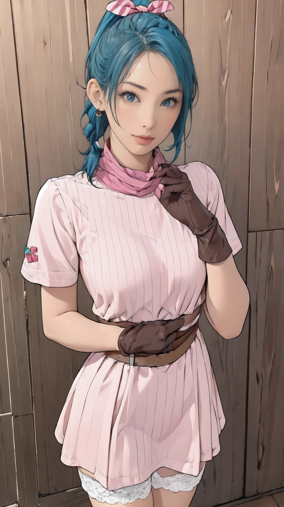 (masterpiece, highest quality), 1 girl, Bloomers, 1 girl, Alone, blue eyes , blue hair, Aqua Hair, single braid, Braided Ponytail, hair ribbon, red ribbon, hair bow, earrings for a woman alone,, Short dress, pink dress, Vertical striped dress, Short sleeve, belt, clothes writing, brown gloves , One-handed gloves, Purple scarf,