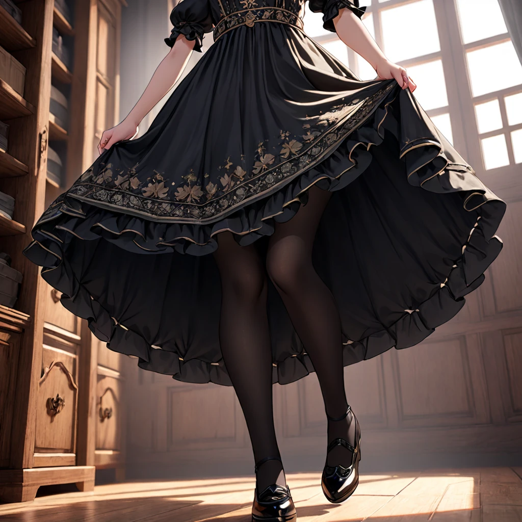 (Highly detailed CG Octane render 8k wallpaper),  Girls Underwear ,   You can see real bloomers made of cotton fabric.., Medieval black translucent long dress（With panniers）, Fabric Realism,  low angle,   pull up the dress with your hands , Strong winds,  Clear Slips,  Clear Slips,   black tights , Best Quality, whole body,   your thighs  , Silver and gold embroidery , ren&#39;s Underwear, Flip-up skirt,  s shorts I can see, Low Angle,  flipping through my skirt,  angle from directly below to widen the vagina,  closet up,  look inside skirt , Underwear I can see 