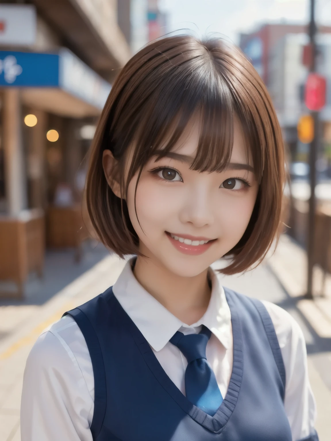 8k、Best Quality、Ultra Wide Angle Monofocal Lens  、(Representative Works:1.2)、( Genuine)、( Genuine:1.37)、One of the high school students、Beautiful teeth alignment、smile、Clasp your arms in front of you、Well-formed fingers、  ponytail、Shinjuku、(  cute uniform)、Big Breasts、Gravure photoshoot、Perfect fingers、Beautiful Skin、 professional writing、Face and skin detail 、Microparticles、 RAW photo