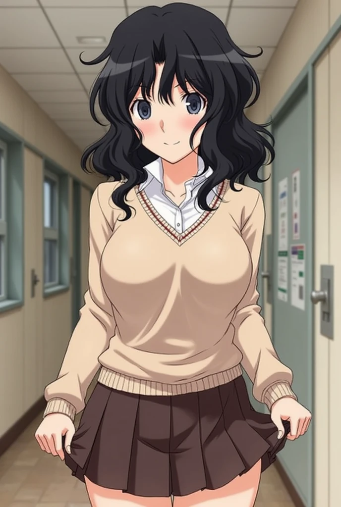 Kaoru Tanamachi(1:2),  super detailed face,  pay attention to the details with the hem of the clothes,  anatomically correct body ( beige knitwear style uniform:1.3), (Dark Brown Skirt:1.1), School corridor, Provoke by showing your stomach(1:10), Lift the hem of clothes(1:5), NSFW