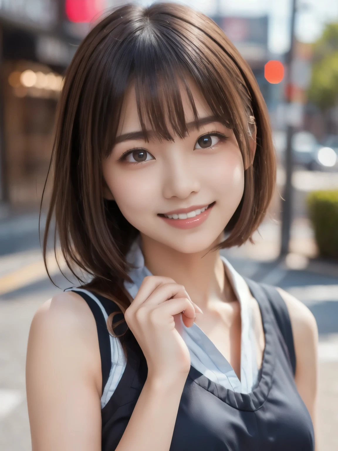 8k、Best Quality、Ultra Wide Angle Monofocal Lens  、(Representative Works:1.2)、( Genuine)、( Genuine:1.37)、One of the high school students、Beautiful teeth alignment、smile、Clasp your arms in front of you、Well-formed fingers、  ponytail、Shinjuku、(  cute uniform)、Big Breasts、Gravure photoshoot、Perfect fingers、Beautiful Skin、 professional writing、Face and skin detail 、Microparticles、 RAW photo